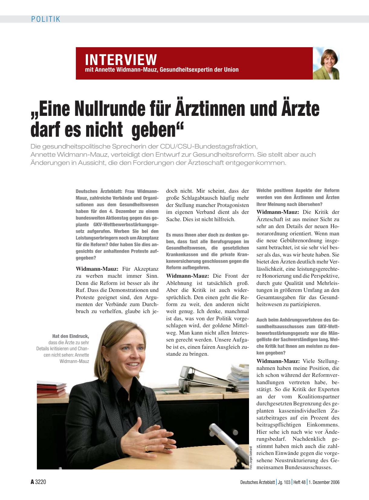 Vorschauseite 1: Interview mit Annette Widmann-Mauz, Gesundheitsexpertin der Union: „Eine Nullrunde für Ärztinnen und Ärzte darf es nicht geben“