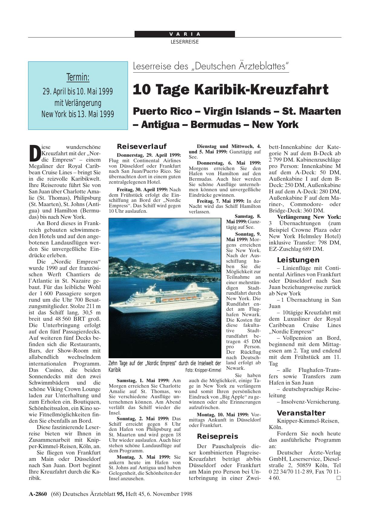 Vorschauseite 1: Leserreise des „Deutschen Ärzteblattes“: 10 Tage Karibik-Kreuzfahrt