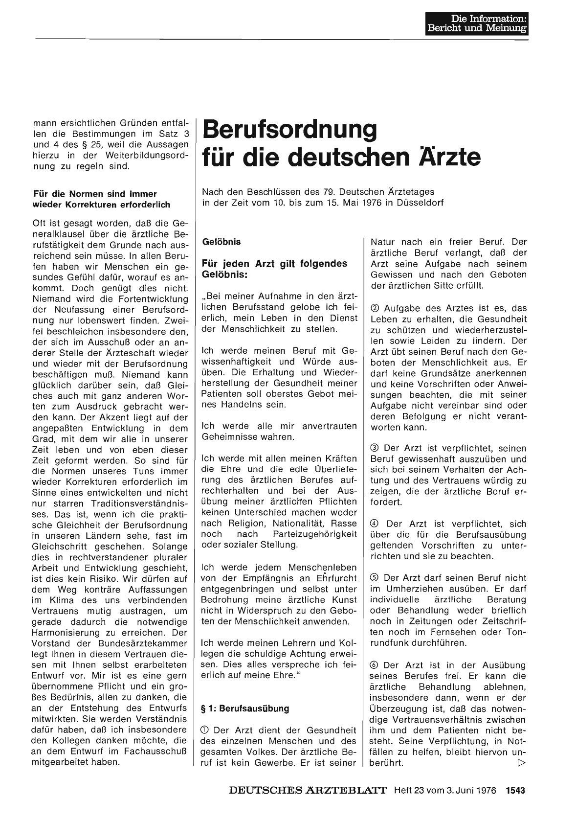 Vorschauseite 1: Berufsordnung für die deutschen Ärzte: Nach den Beschlüssen des 79. Deutschen Ärztetages in der Zeit vom 10. bis zum 15. Mai 1976 in Düsseldorf