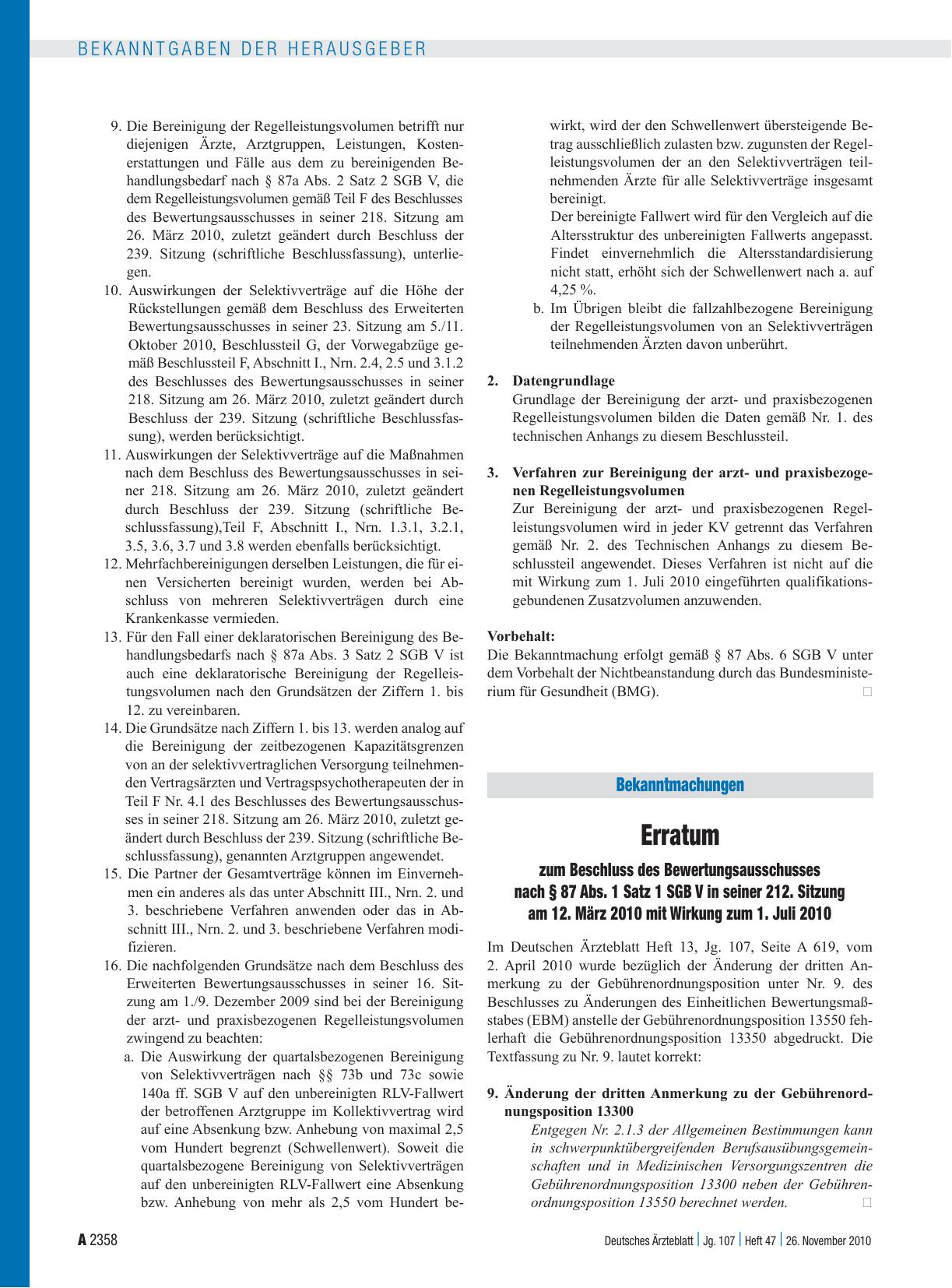 Vorschauseite 1: Erratum zum Beschluss des Bewertungsausschusses nach § 87 Abs. 1 Satz 1 SGB V in seiner 212. Sitzung am 12. März 2010 mit Wirkung zum 1. Juli 2010