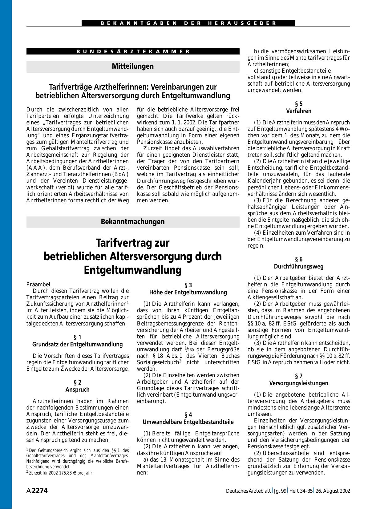 Vorschauseite 1: Bekanntmachungen: Tarifvertrag zur betrieblichen Altersversorgung durch Entgeltumwandlung