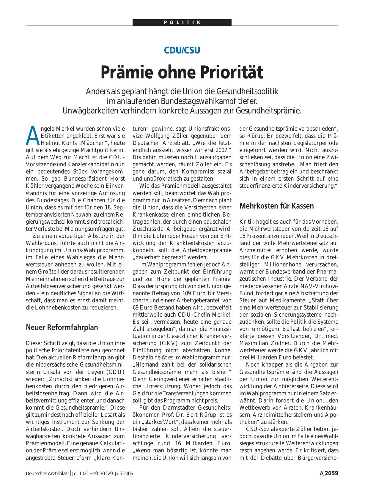Vorschauseite 1: CDU/CSU: Prämie ohne Priorität