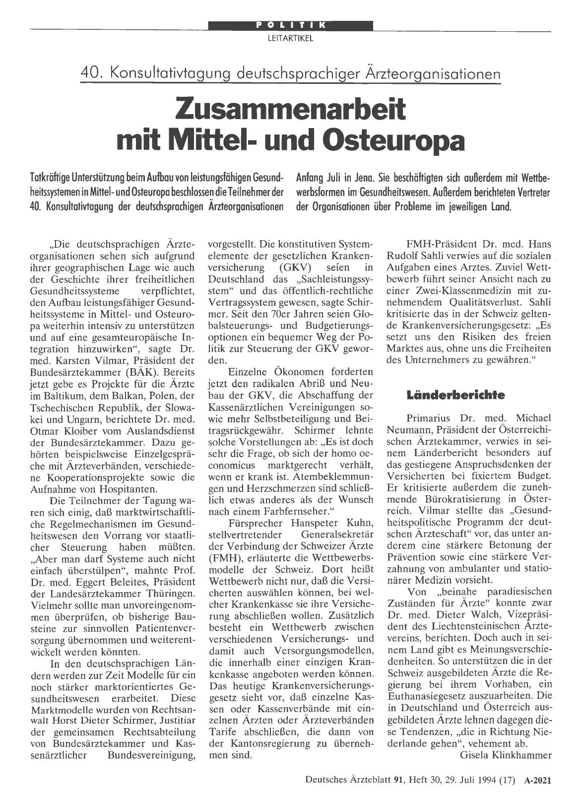 Vorschauseite 1: 40. Konsultativtagung deutschsprachiger Ärzteorganisationen Zusammenarbeit mit Mittelund Osteuropa