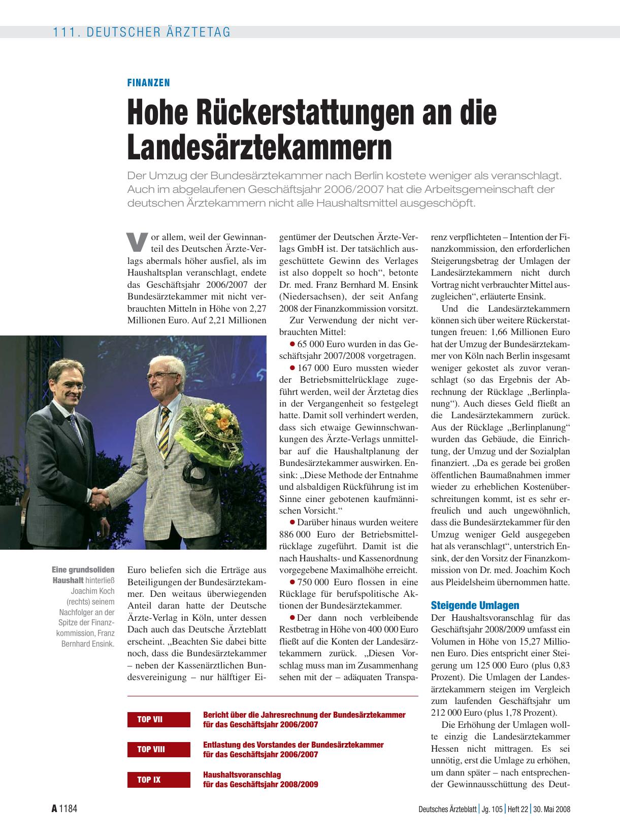 Vorschauseite 1: Finanzen: Hohe Rückerstattungen an die Landesärztekammern