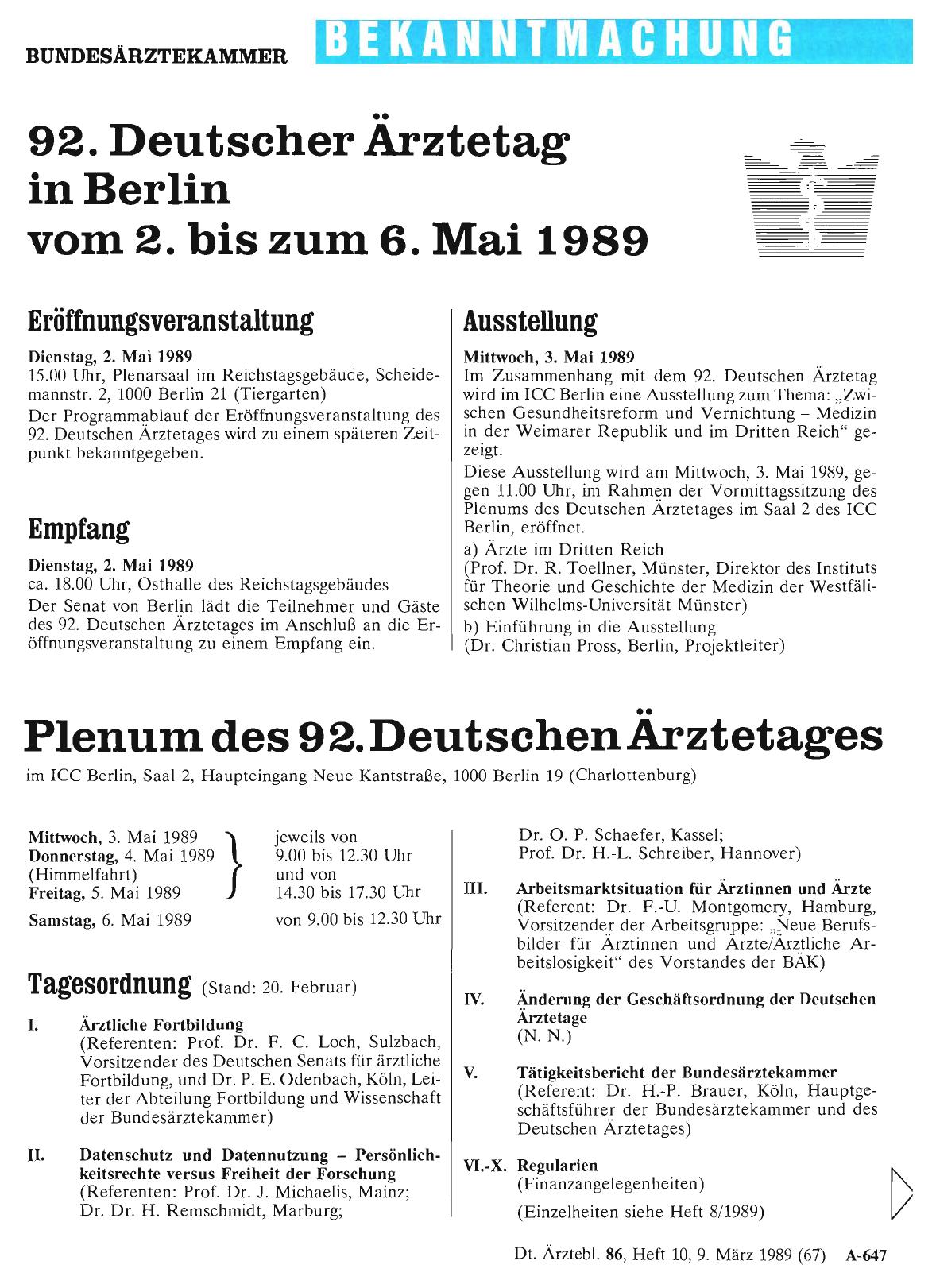 Vorschauseite 1: 92. Deutscher Ärztetag in Berlin vom 2. bis zum 6. Mai 1989