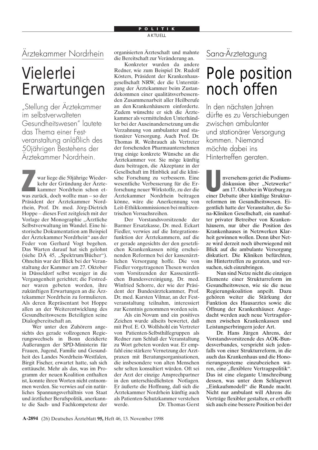 Vorschauseite 1: Ärztekammer Nordrhein: Vielerlei Erwartungen