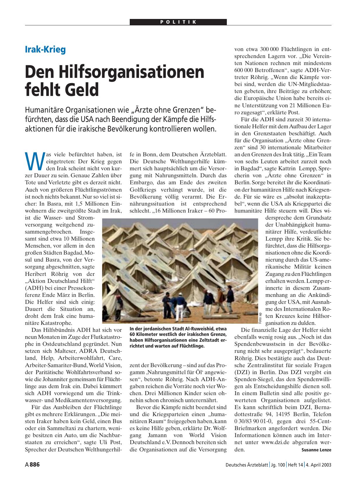 Vorschauseite 1: Irak-Krieg: Den Hilfsorganisationen fehlt Geld