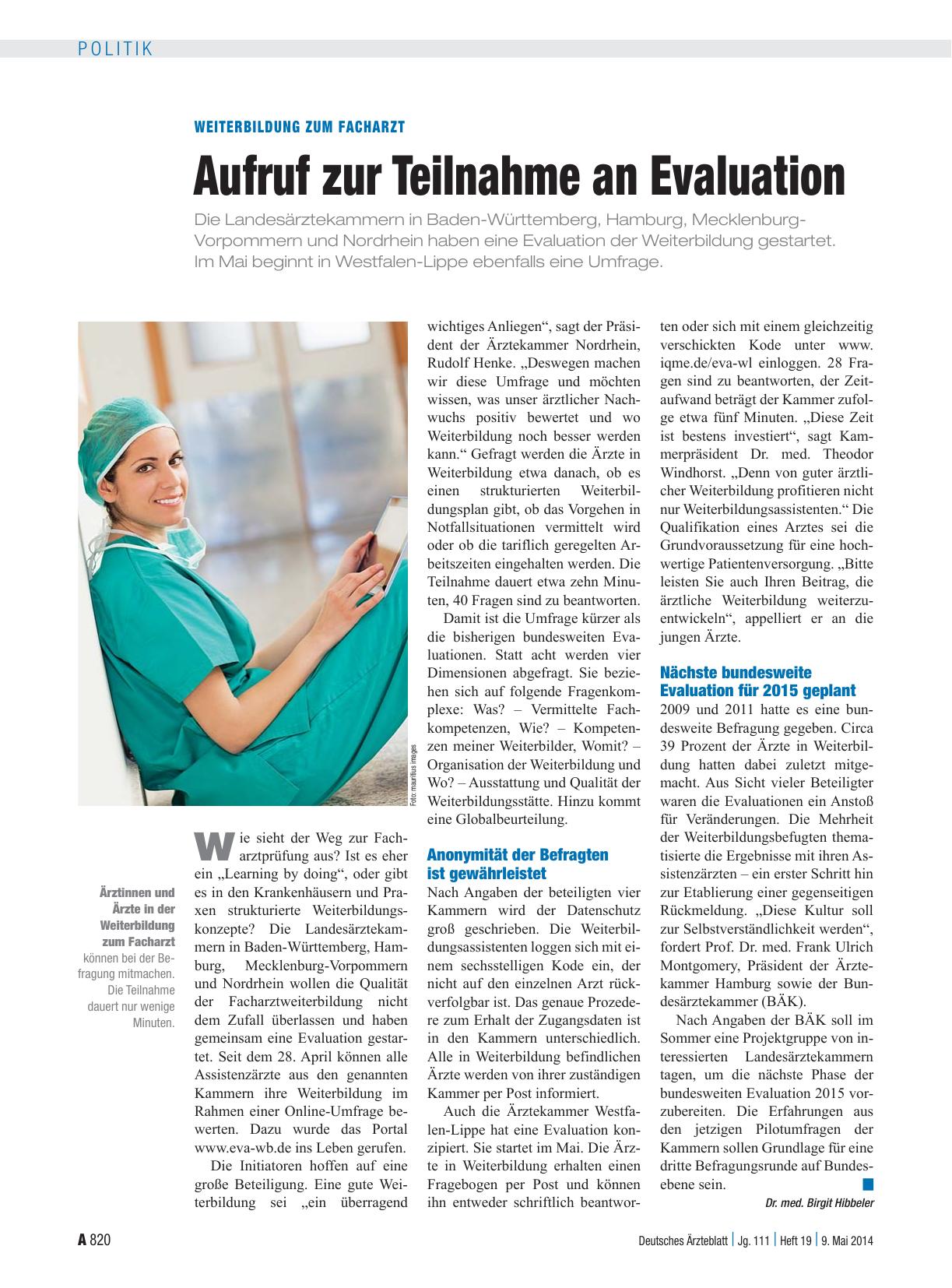 Vorschauseite 1: Weiterbildung zum Facharzt: Aufruf zur Teilnahme an Evaluation