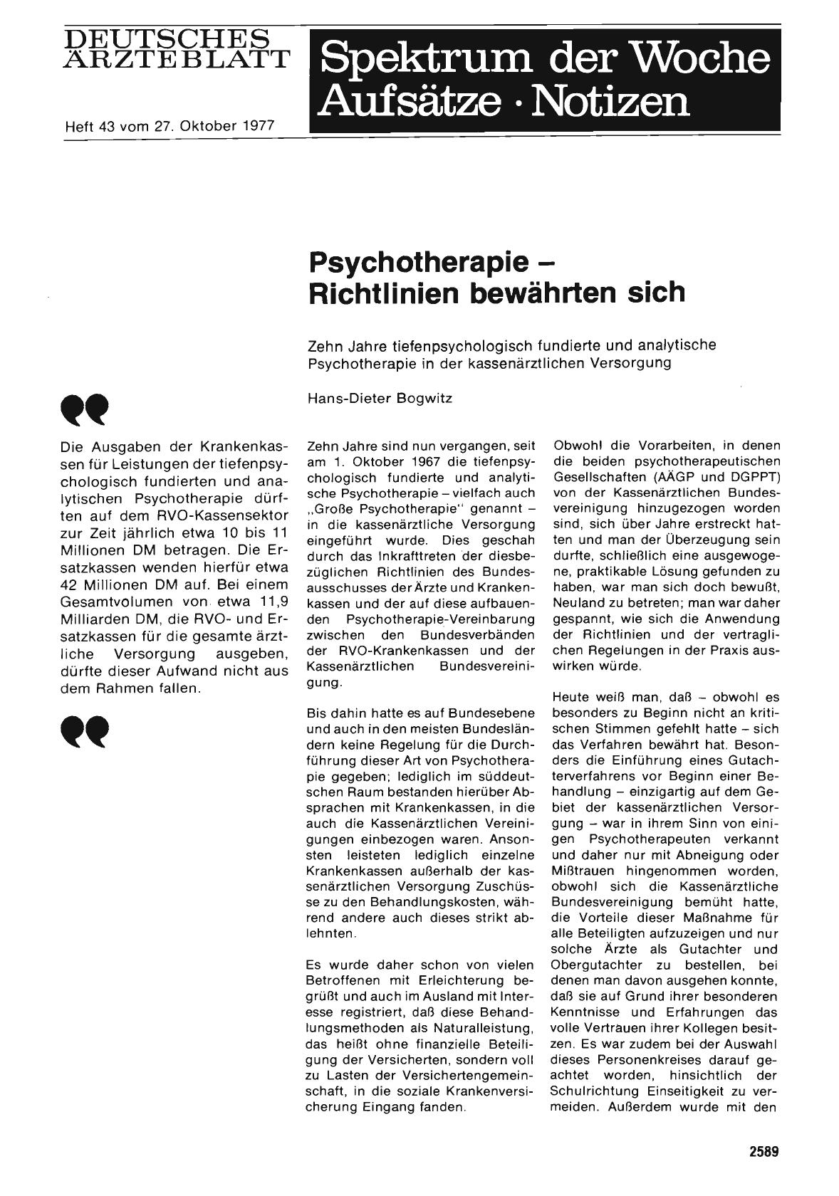 Vorschauseite 1: Psychotherapie - Richtlinien bewährten sich: Zehn Jahre tiefenpsychologisch fundierte und analytische Psychotherapie in der kassenärztlichen Versorgung