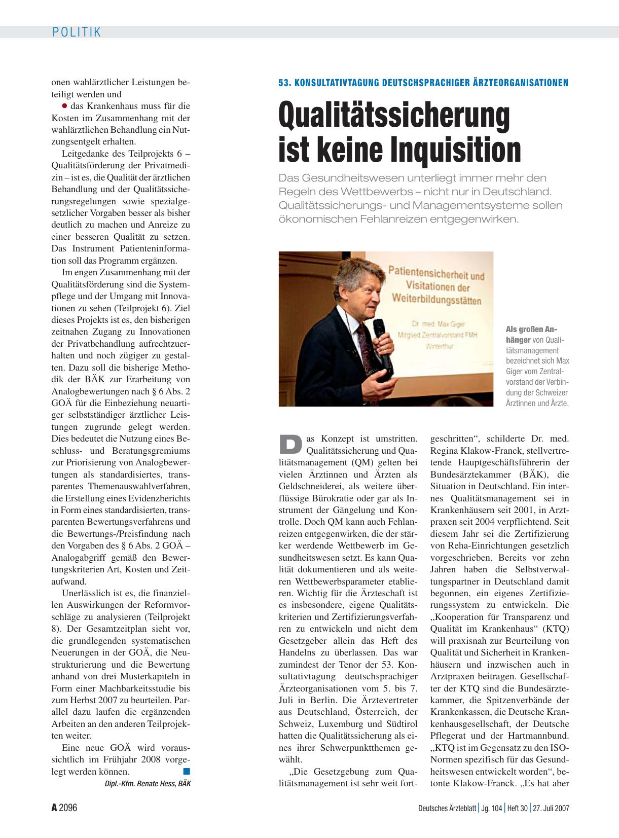 Vorschauseite 1: 53. Konsultativtagung deutschsprachiger Ärzteorganisationen: Qualitätssicherung ist keine Inquisition