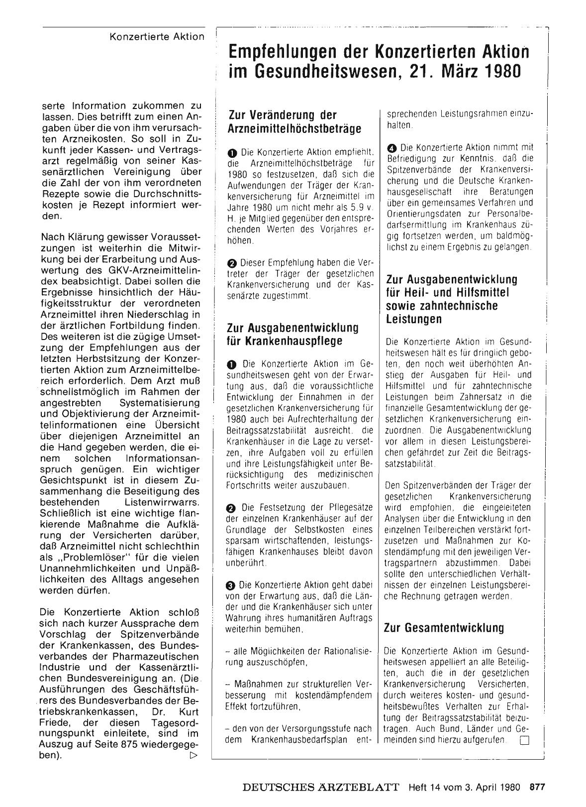 Vorschauseite 1: Empfehlungen der Konzertierten Aktion im Gesundheitswesen, 21. März 1980