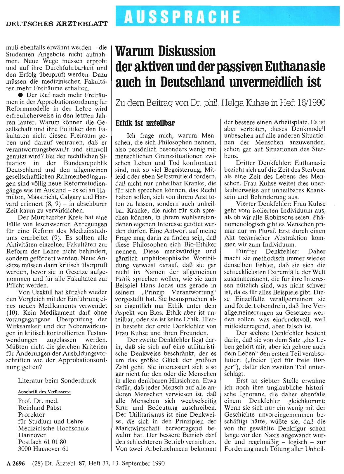 Vorschauseite 1: Warum Diskussion der aktiven und der passiven Euthanasie auch in Deutschland unvermeidlich ist: Ethik ist unteilbar