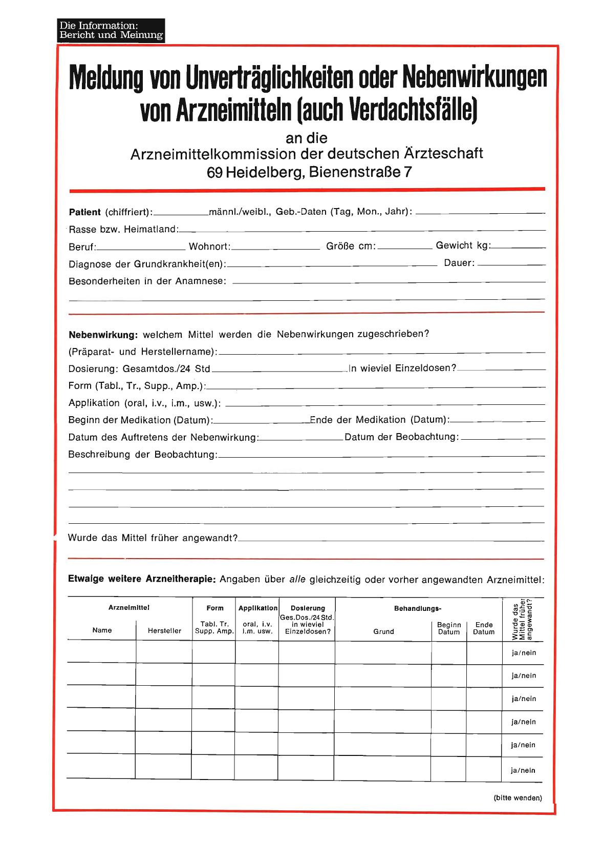 Vorschauseite 1: Meldung von Unverträglichkeiten oder Nebenwirkungen von Arzneimitteln (auch Verdachtsfälle)