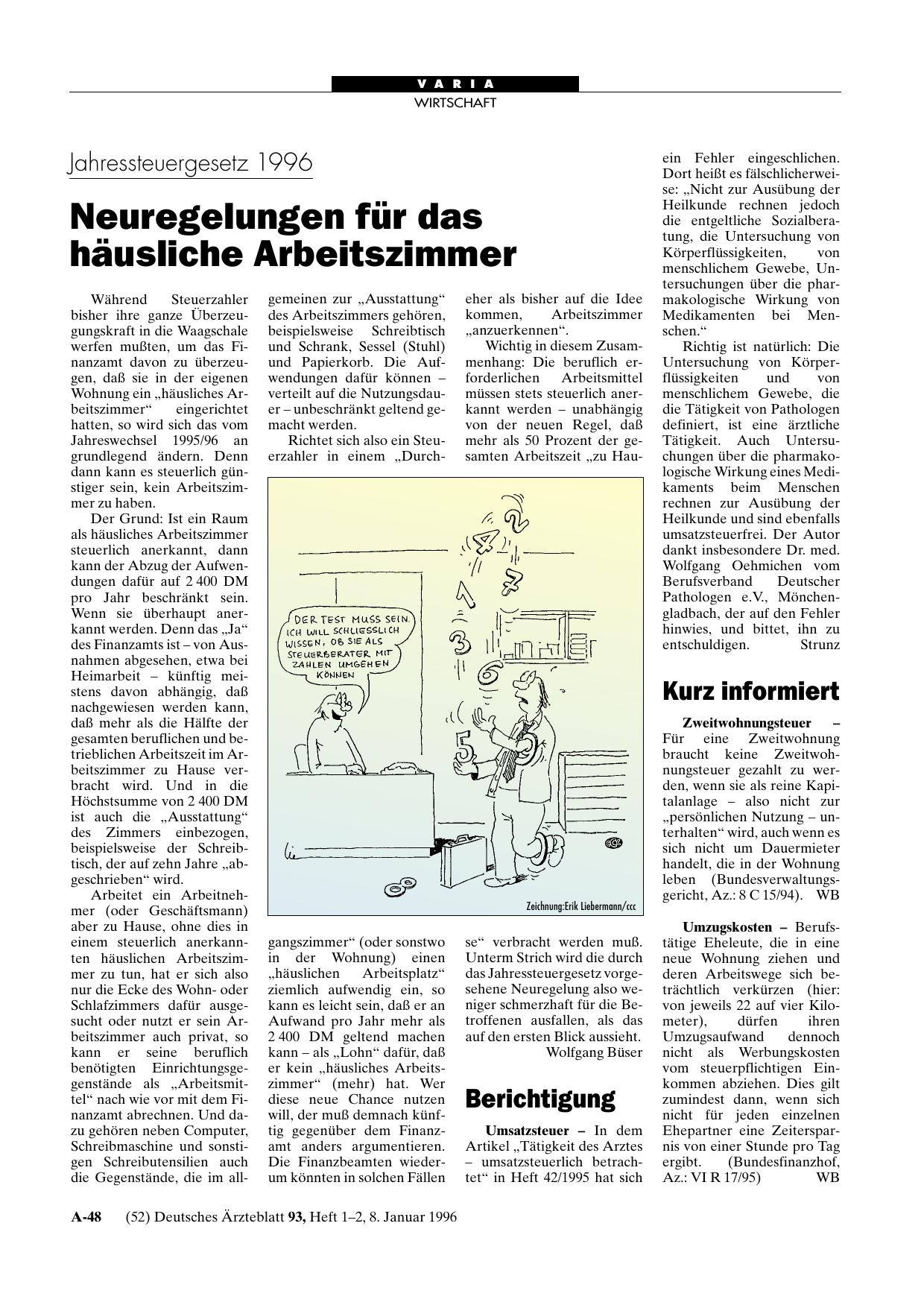 Vorschauseite 1: Jahressteuergesetz 1996: Neuregelungen für das häusliche Arbeitszimmer