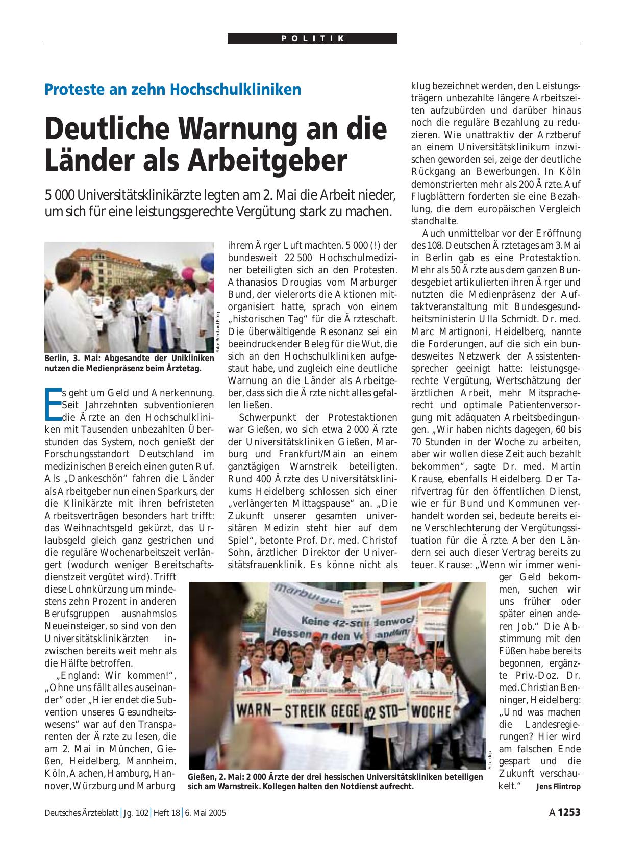 Vorschauseite 1: Proteste an zehn Hochschulkliniken: Deutliche Warnung an die Länder als Arbeitgeber