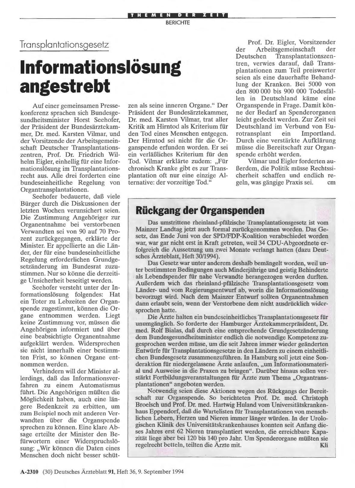 Vorschauseite 1: Transplantationsgesetz: Informationslösung angestrebt