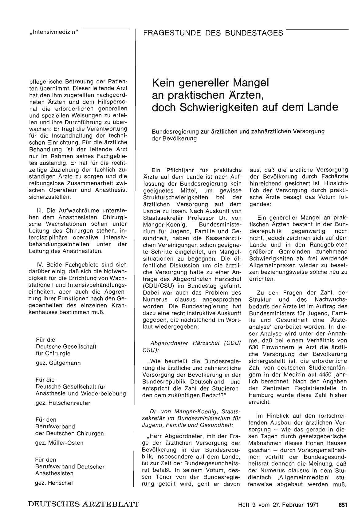 Vorschauseite 1: Kein genereller Mangel an praktischen Ärzten, doch Schwierigkeiten auf dem Lande — Registrierung von "Sexpräparaten" — Schutz gegen Doping