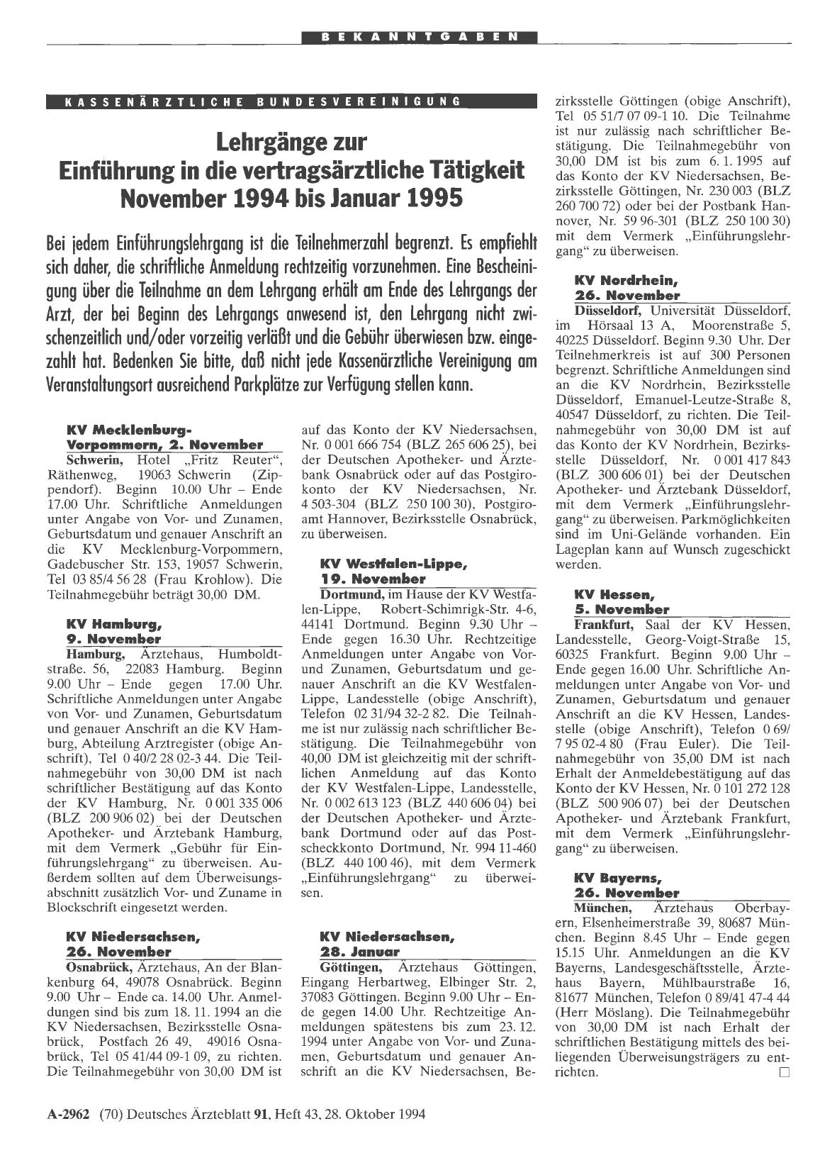 Vorschauseite 1: Lehrgänge zur Einführung in die vertragsärztliche Tätigkeit November 1994 bis Januar 1995