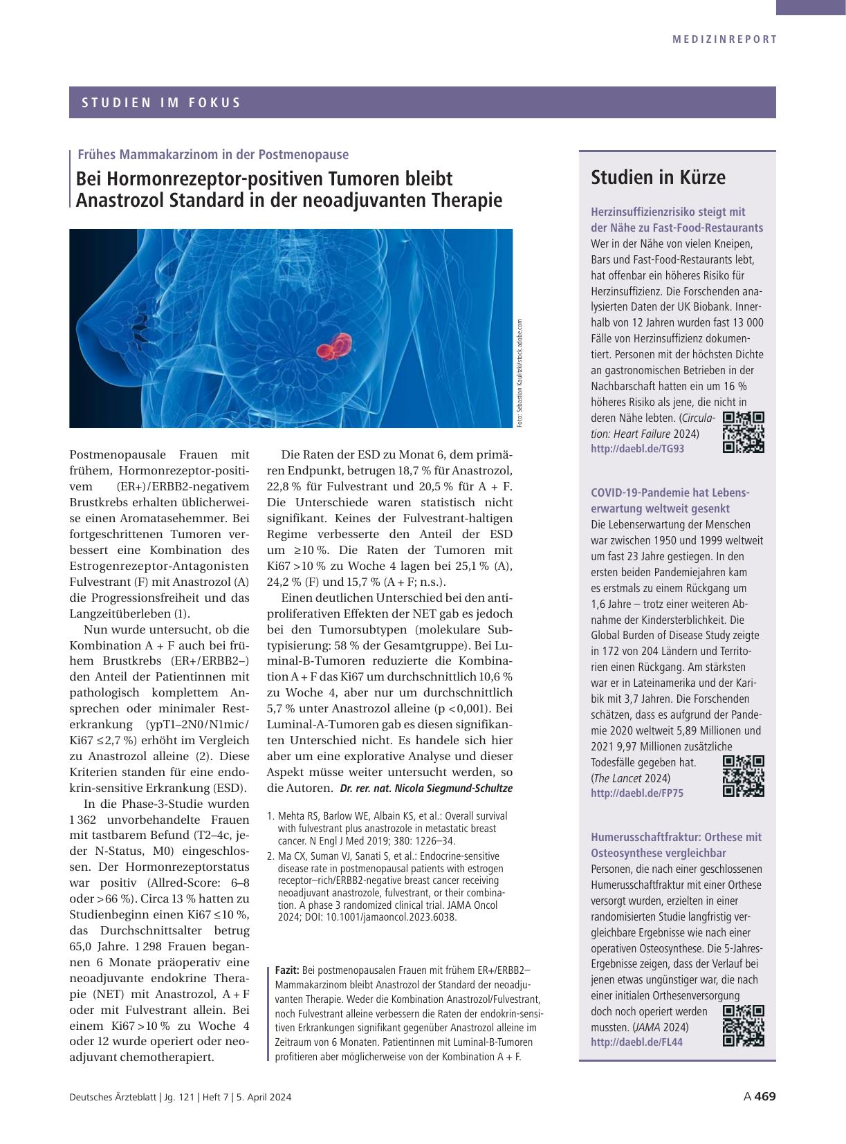 Vorschauseite 1: Frühes Mammakarzinom in der Postmenopause: Bei Hormonrezeptor-positiven Tumoren bleibt Anastrozol Standard in der neoadjuvanten Therapie.