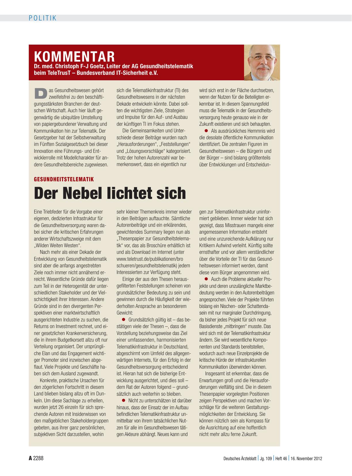 Vorschauseite 1: Gesundheitstelematik: Der Nebel lichtet sich