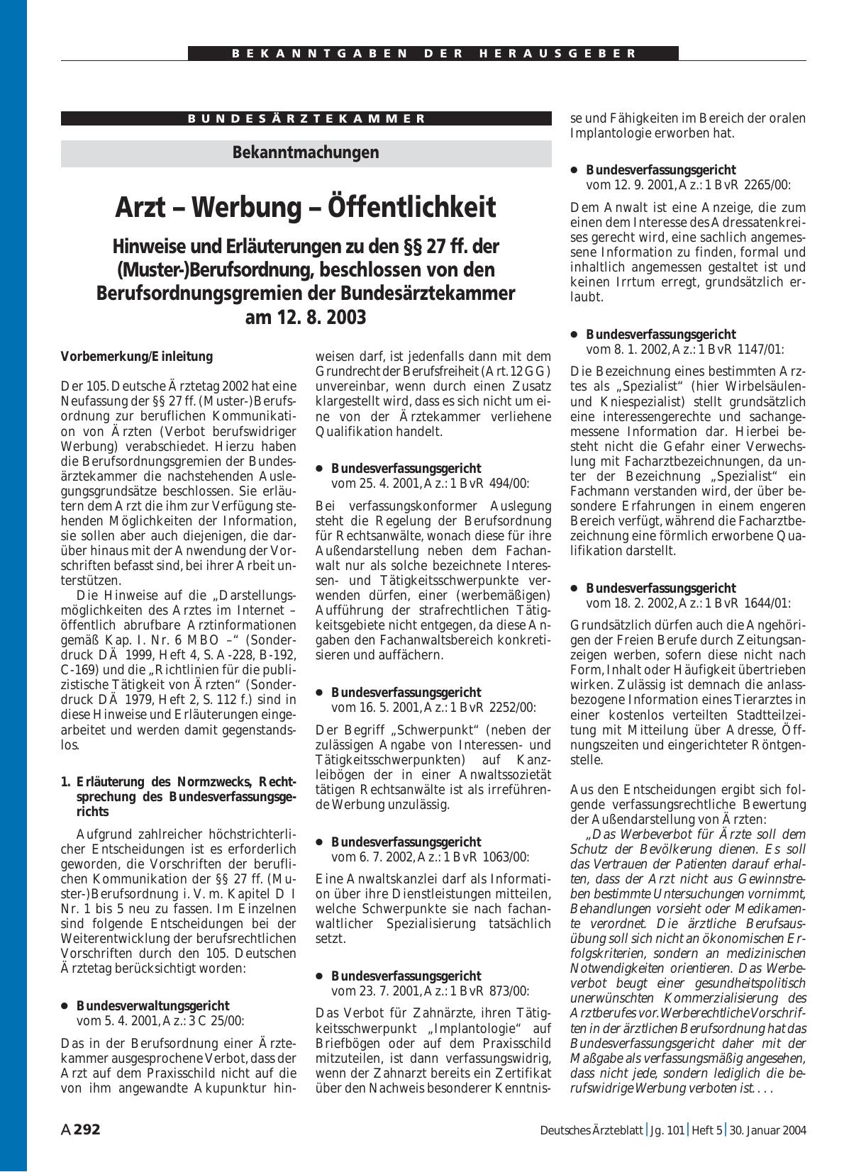 Vorschauseite 1: Bekanntmachungen: Arzt – Werbung – Öffentlichkeit
