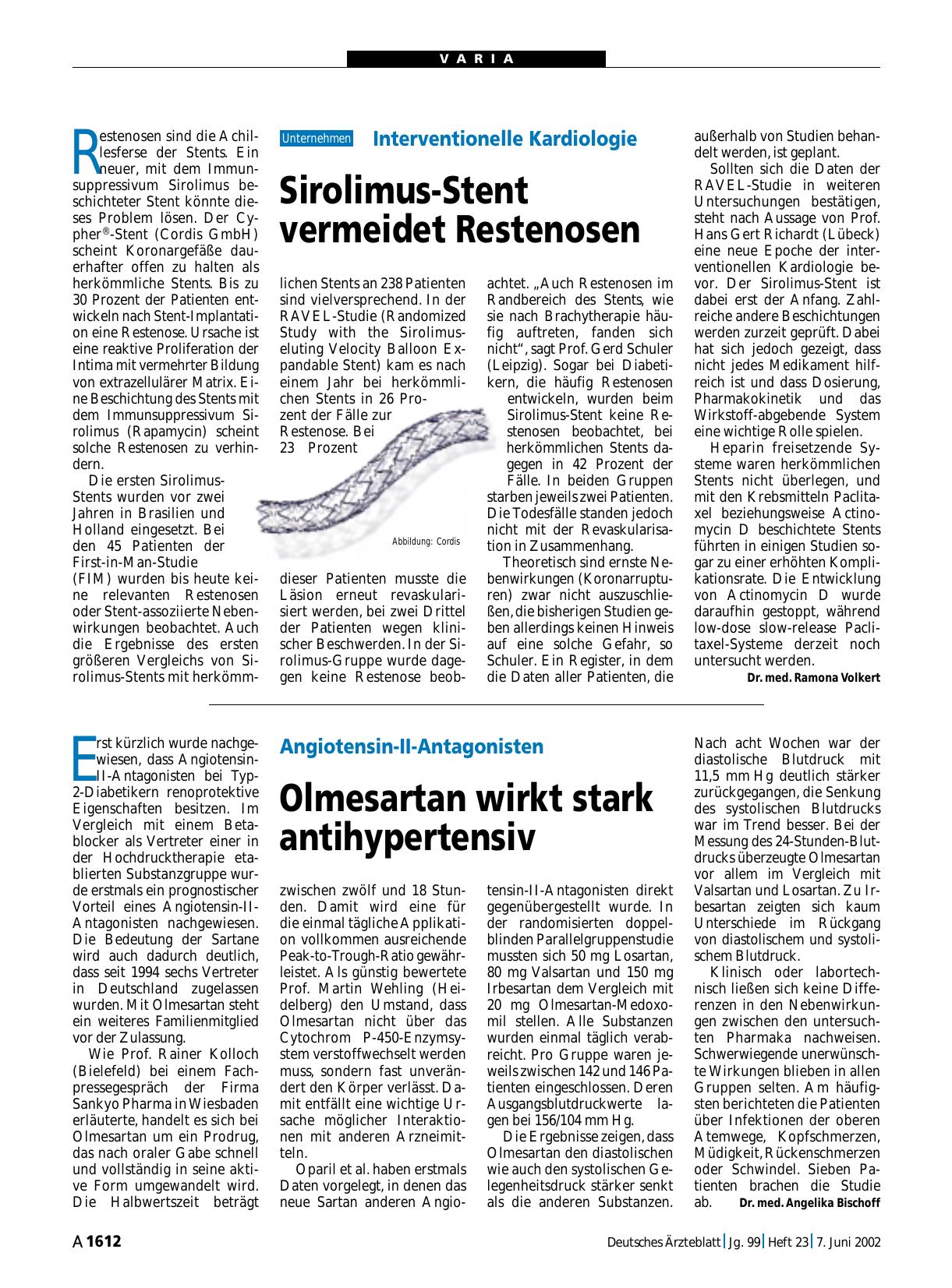 Vorschauseite 1: Interventionelle Kardiologie: Sirolimus-Stent vermeidet Restenosen