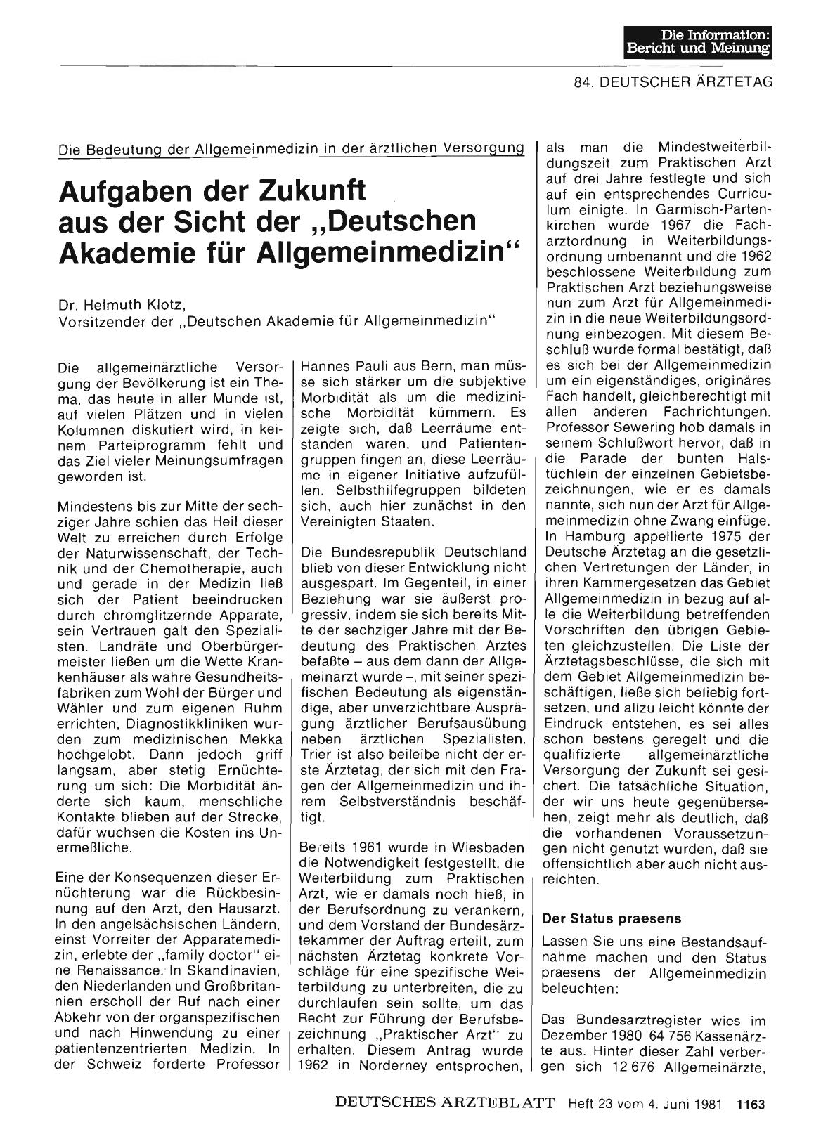 Vorschauseite 1: Die Bedeutung der Allgemeinmedizin in der ärztlichen Versorgung: Aufgaben der Zukunft aus der Sicht der „Deutschen Akademie für Allgemeinmedizin"