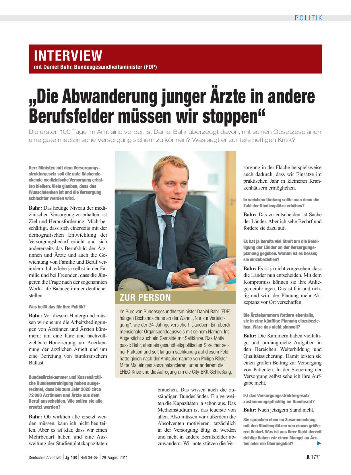 Vorschauseite 1: Interview mit Daniel Bahr, Bundesgesundheitsminister (FDP): „Die Abwanderung junger Ärzte in andere Berufsfelder müssen wir stoppen“