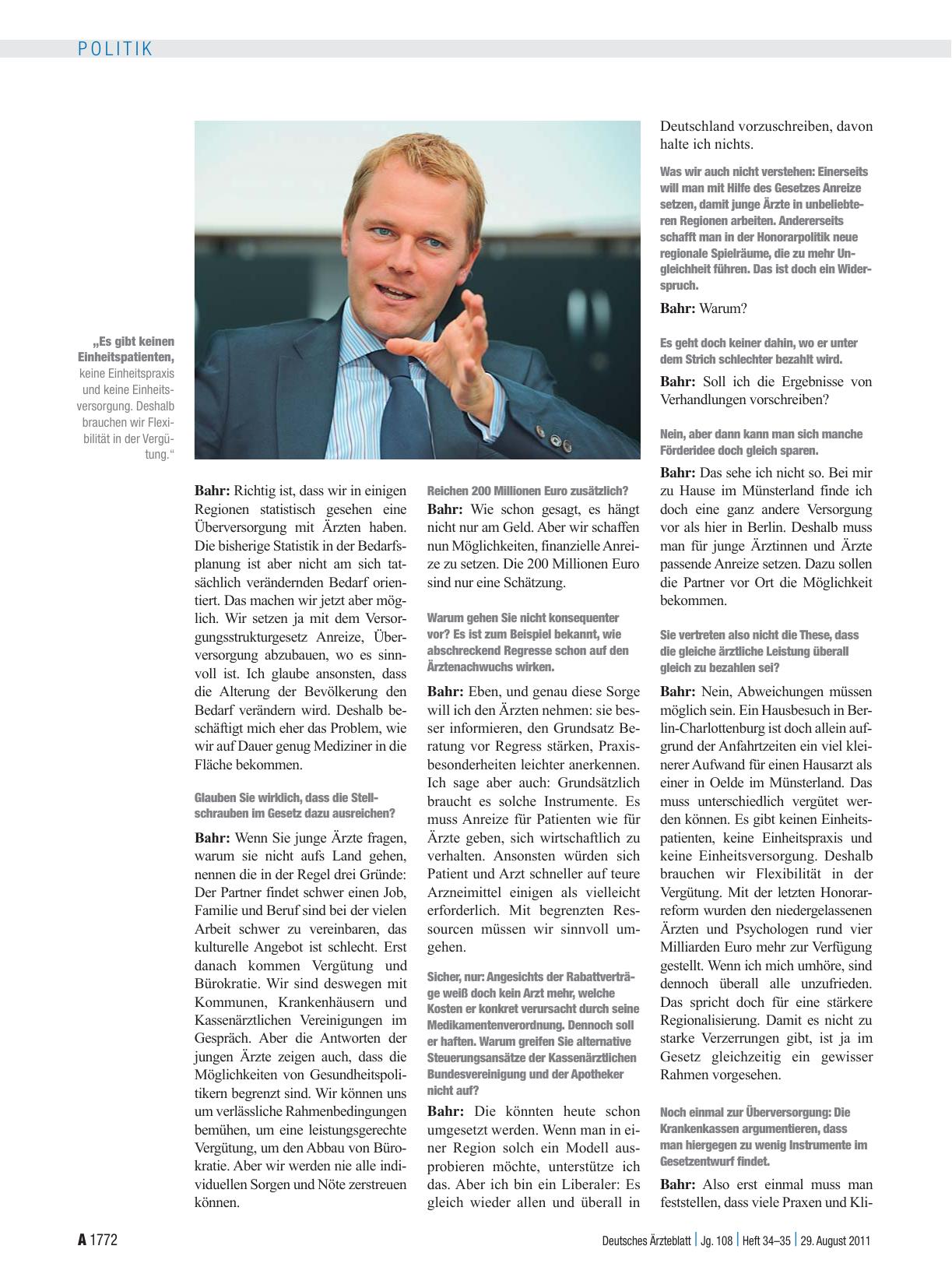Vorschauseite 2: Interview mit Daniel Bahr, Bundesgesundheitsminister (FDP): „Die Abwanderung junger Ärzte in andere Berufsfelder müssen wir stoppen“