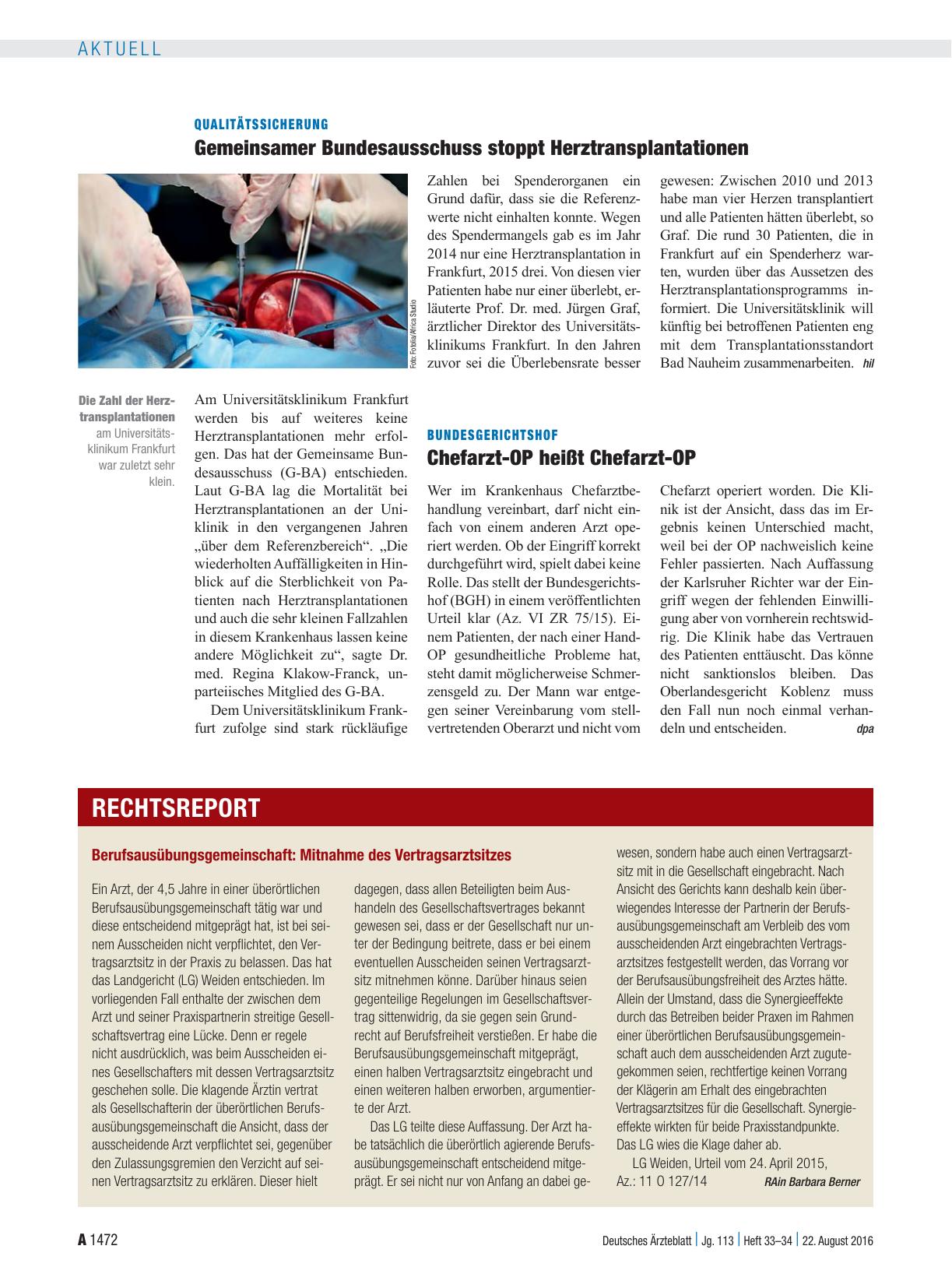 Vorschauseite 1: Qualitätssicherung: Gemeinsamer Bundesausschuss stoppt Herztransplantationen