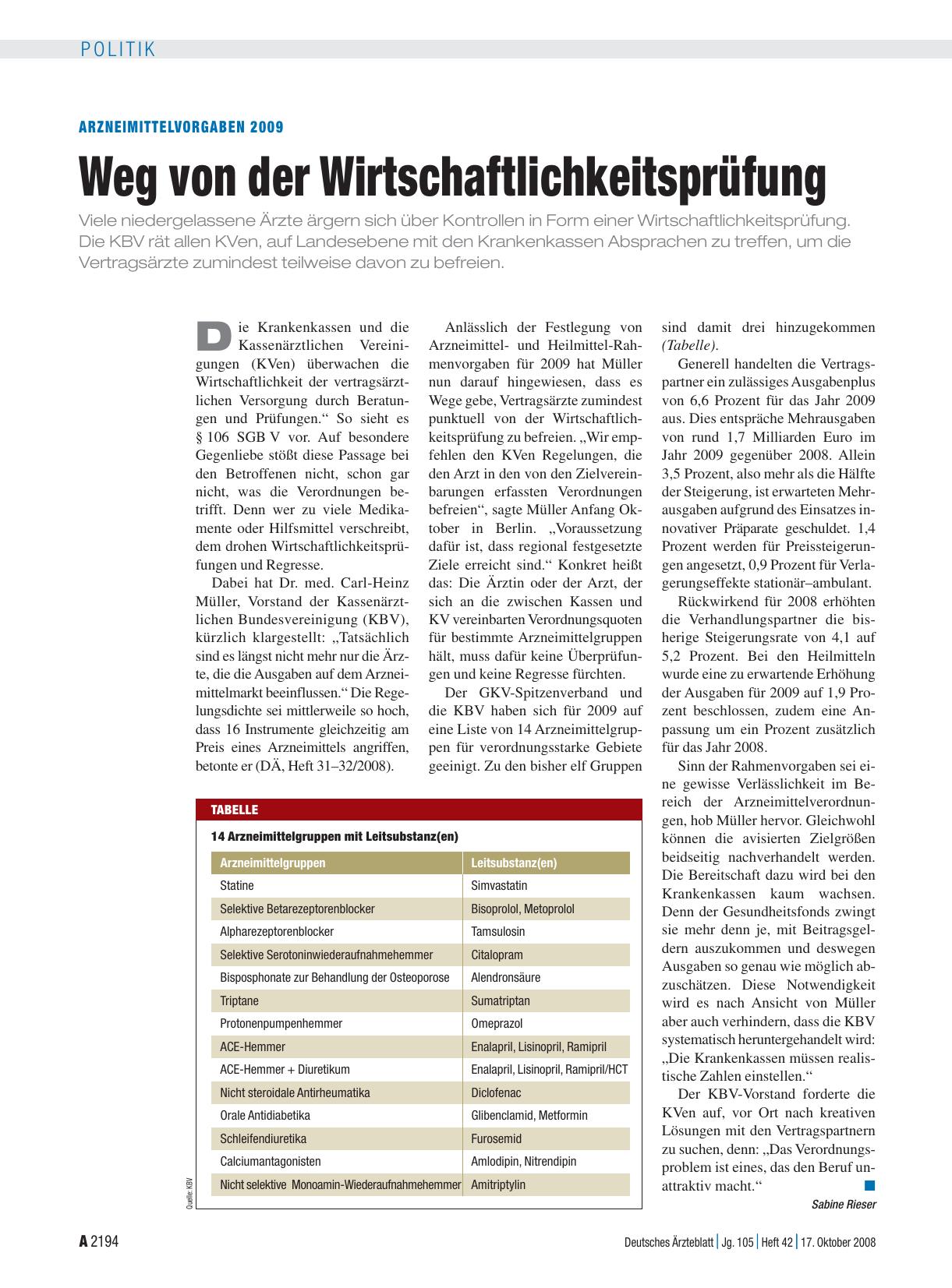 Vorschauseite 1: Arzneimittelvorgaben 2009: Weg von der Wirtschaftlichkeitsprüfung
