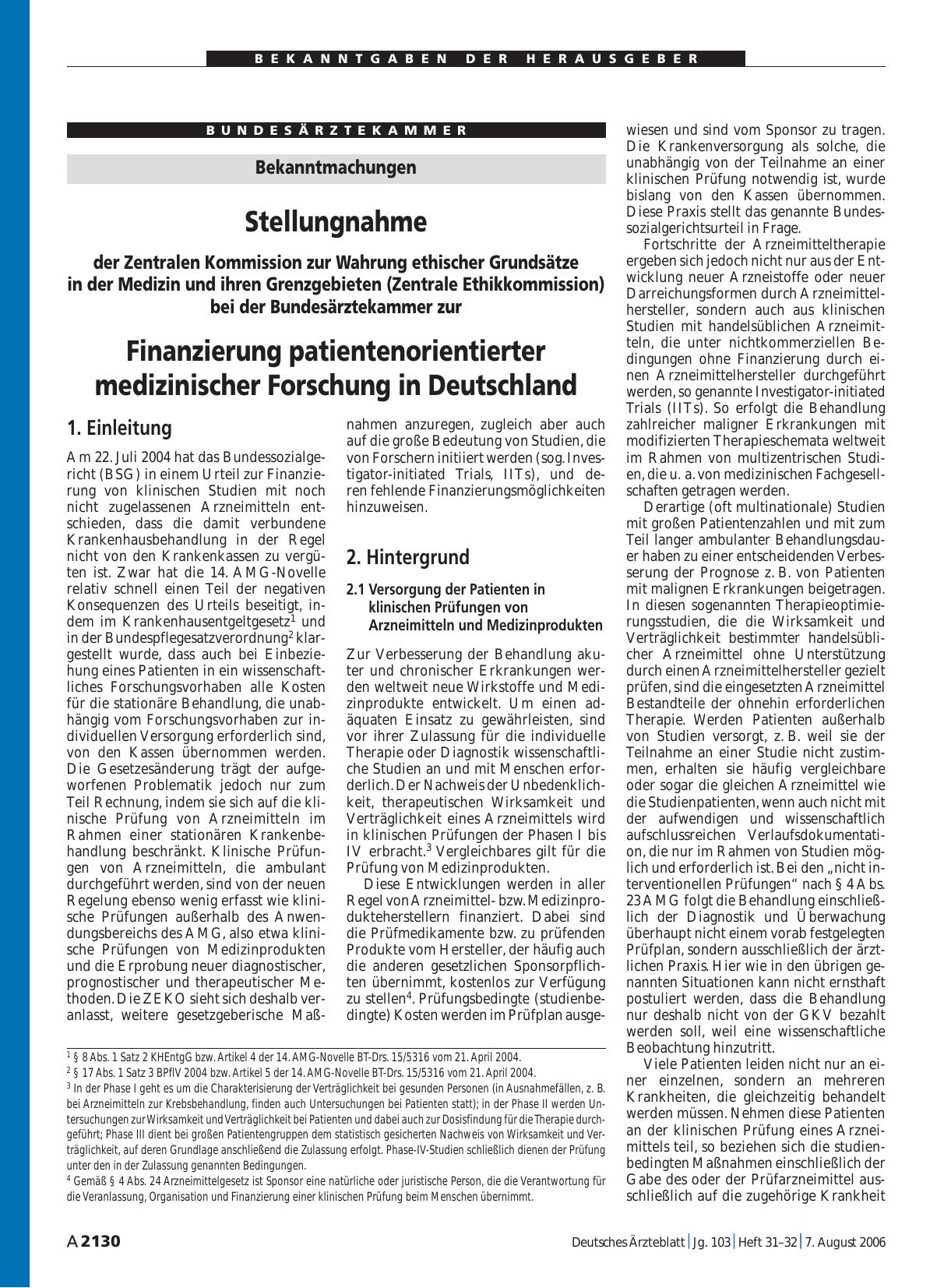 Vorschauseite 1: Bekanntmachungen: Stellungnahme der Zentralen Kommission zur Wahrung ethischer Grundsätze in der Medizin und ihren Grenzgebieten (Zentrale Ethikkommission) bei der Bundesärztekamm…