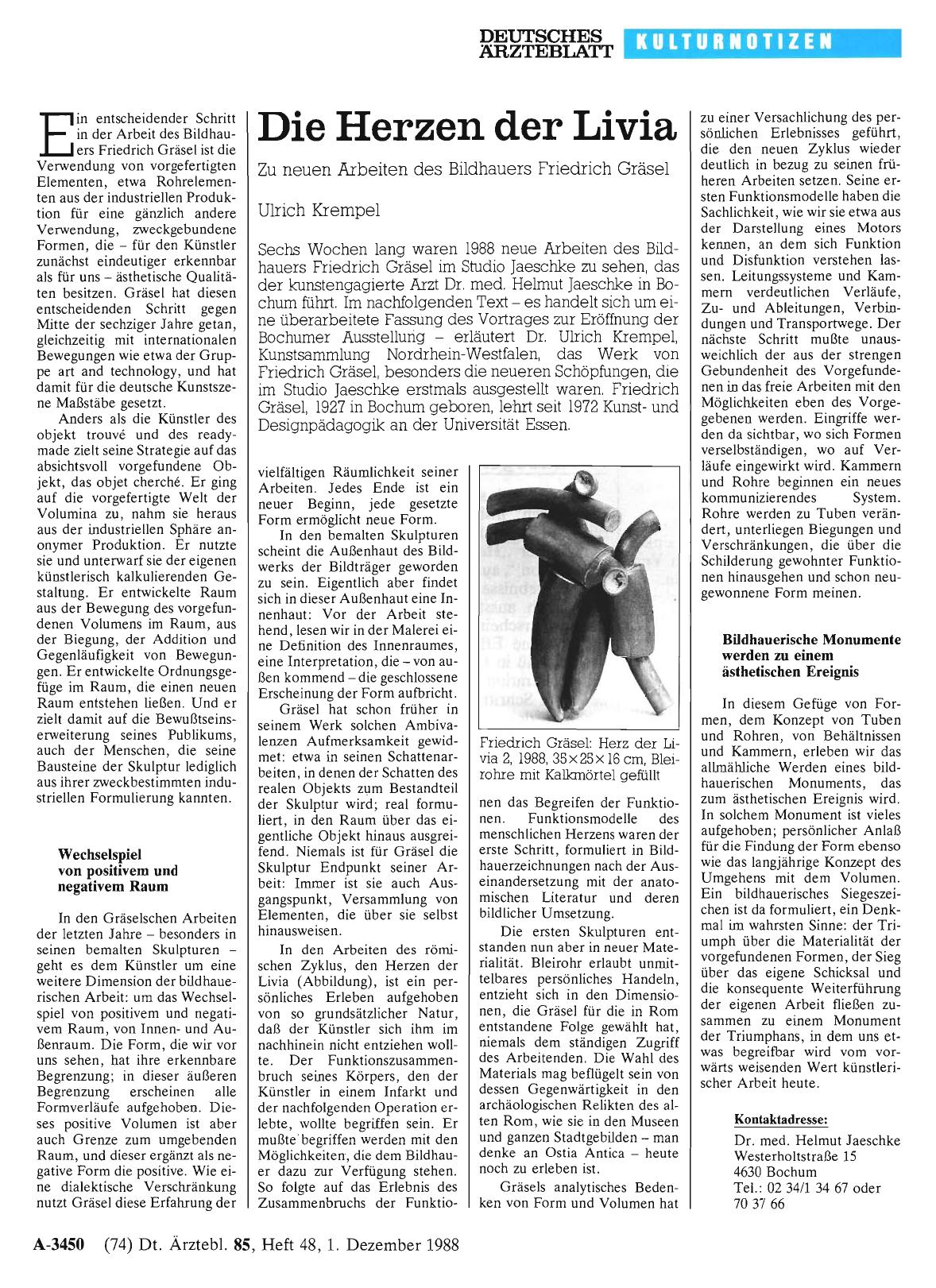 Vorschauseite 1: Die Herzen der Livia: Zu neuen Arbeiten des Bildhauers Friedrich Gräsel