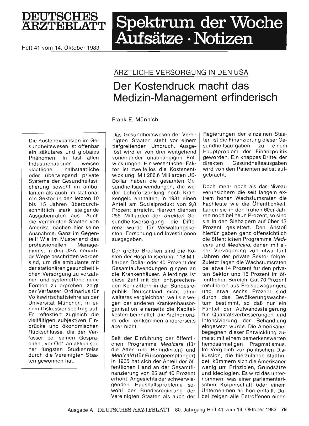 Vorschauseite 1: ÄRZTLICHE VERSORGUNG IN DEN USA: Der Kostendruck macht das Medizin-Management erfinderisch