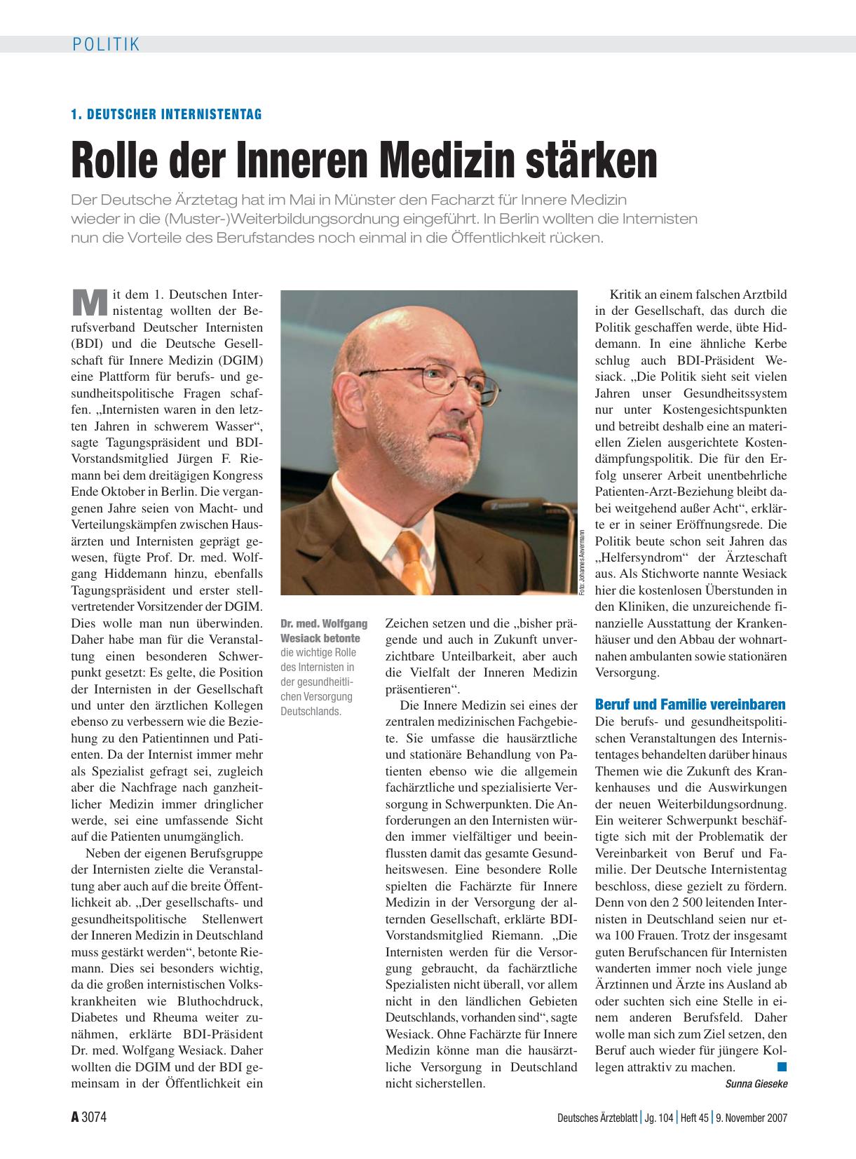 Vorschauseite 1: 1. Deutscher Internistentag: Rolle der Inneren Medizin stärken