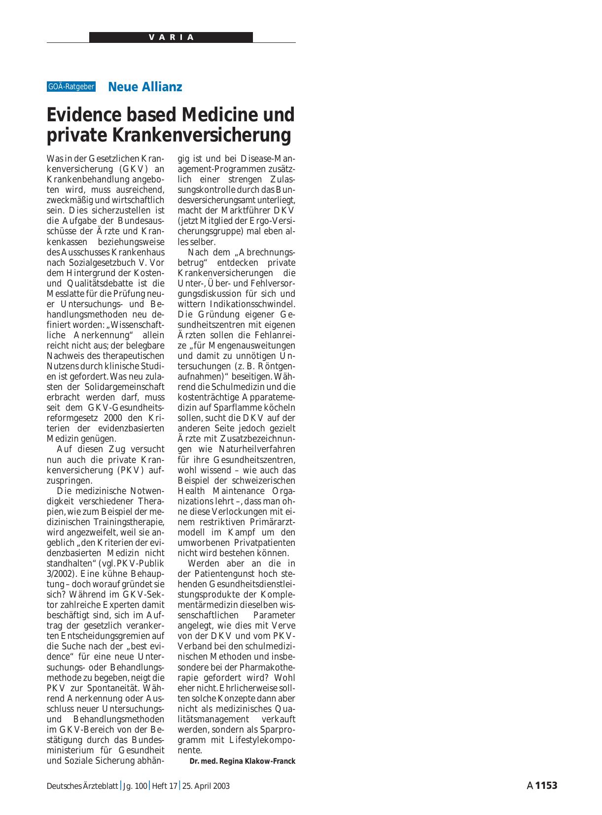 Vorschauseite 1: Neue Allianz: Evidence based Medicine und private Krankenversicherung
