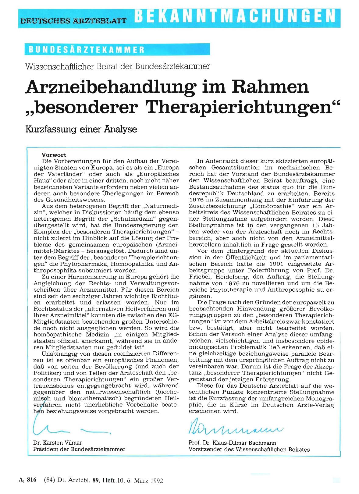 Vorschauseite 1: Wissenschaftlicher Beirat der Bundesärztekammer: Arzneibehandlung im Rahmen „besonderer Therapierichtungen“
