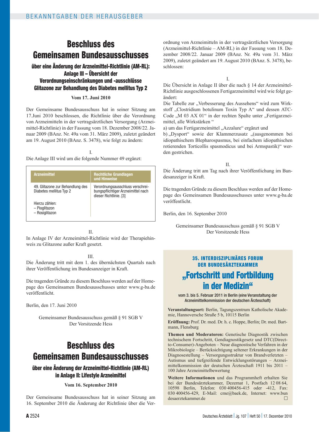 Vorschauseite 1: Beschluss des Gemeinsamen Bundesausschusses über eine Änderung der Arzneimittel-Richtlinie (AM-RL) in Anlage II: Lifestyle Arzneimittel