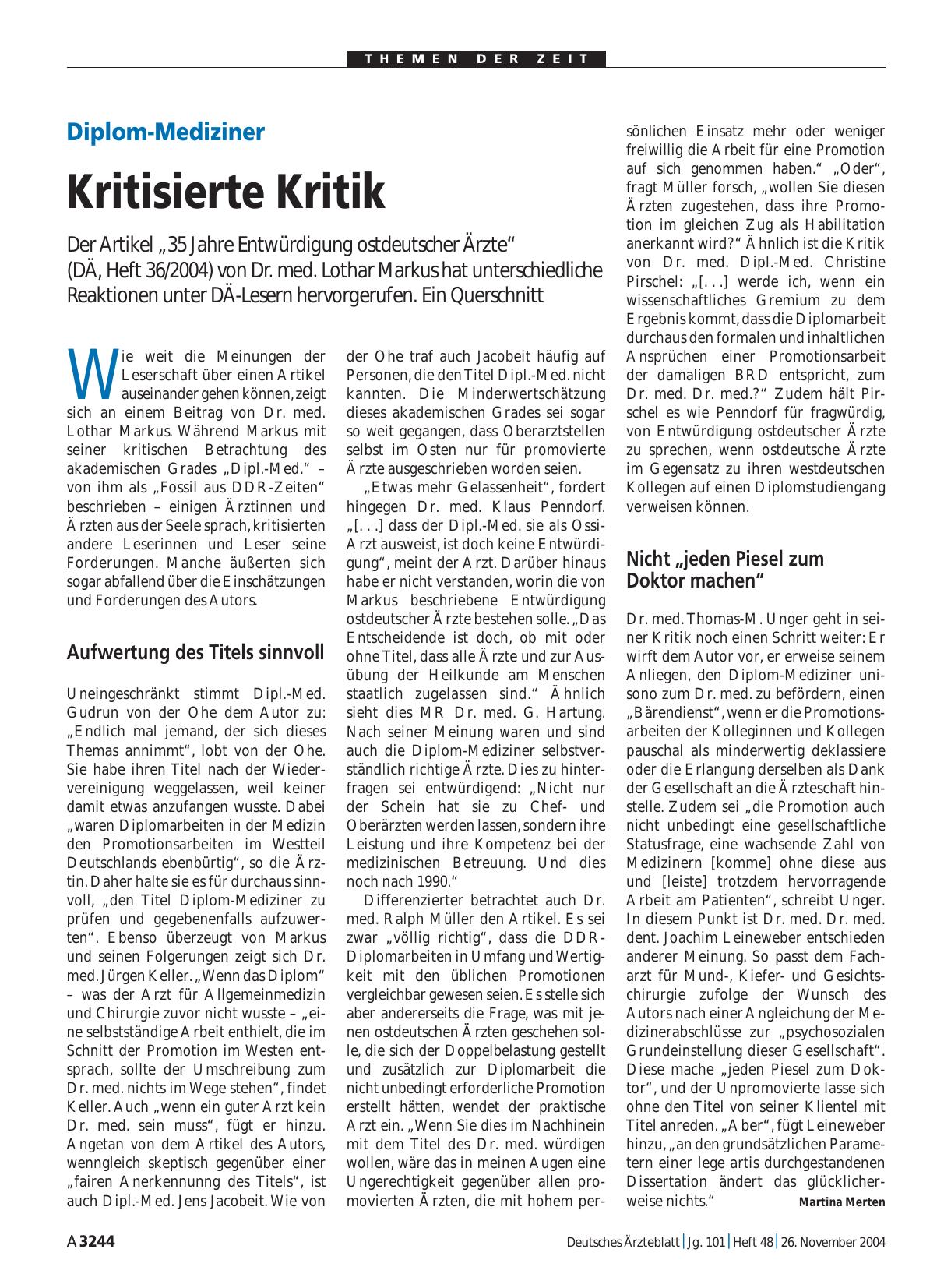 Vorschauseite 1: Diplom-Mediziner: Kritisierte Kritik