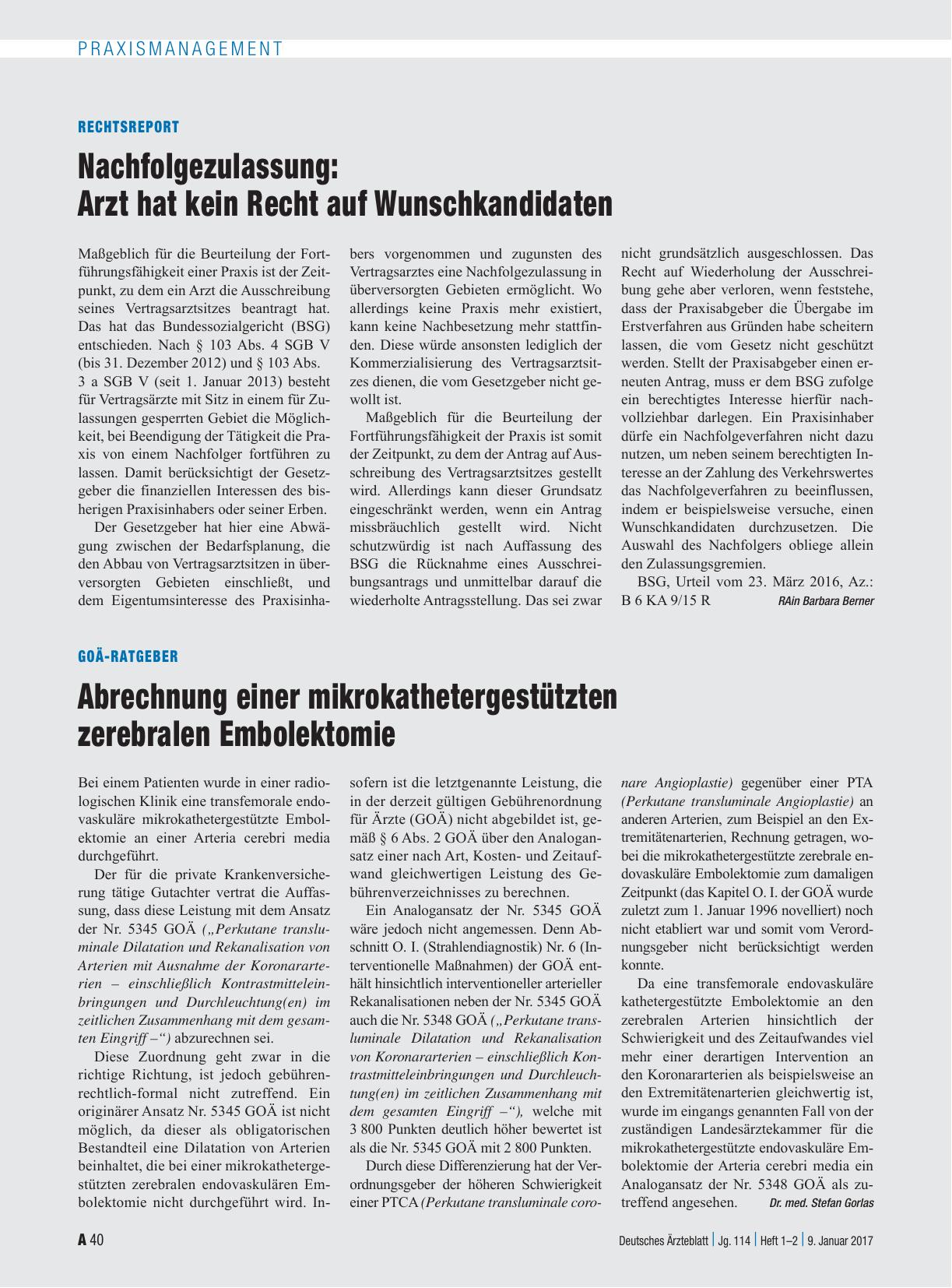 Vorschauseite 1: Rechtsreport: Nachfolgezulassung - Arzt hat kein Recht auf Wunschkandidaten