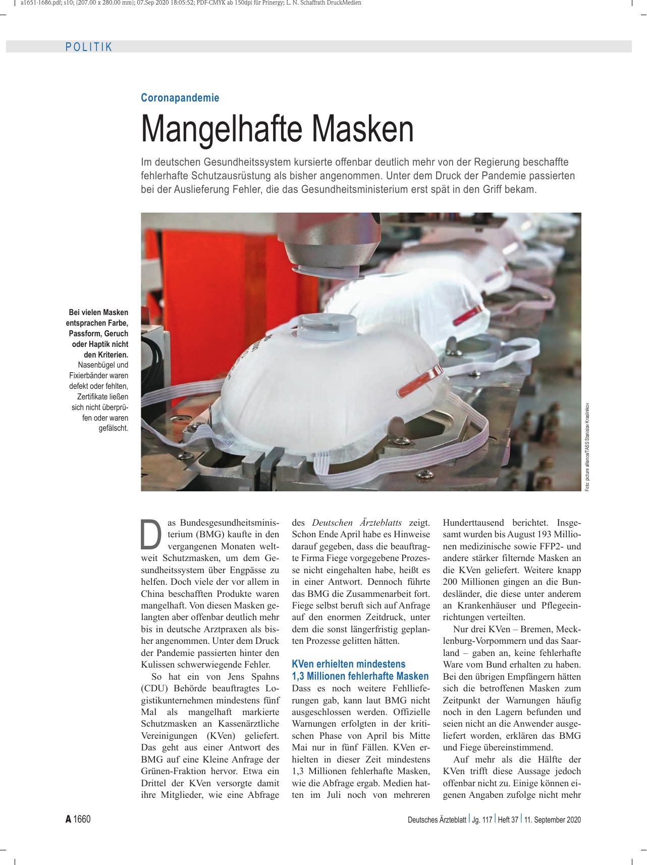 Vorschauseite 1: Coronapandemie: Mangelhafte Masken