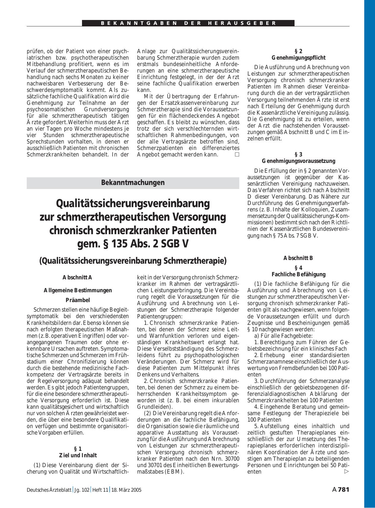 Vorschauseite 1: Bekanntmachungen: Qualitätssicherungsvereinbarung zur schmerztherapeutischen Versorgung chronisch schmerzkranker Patienten gem. § 135 Abs. 2 SGB V (Qualitätssicherungsvereinbarung…