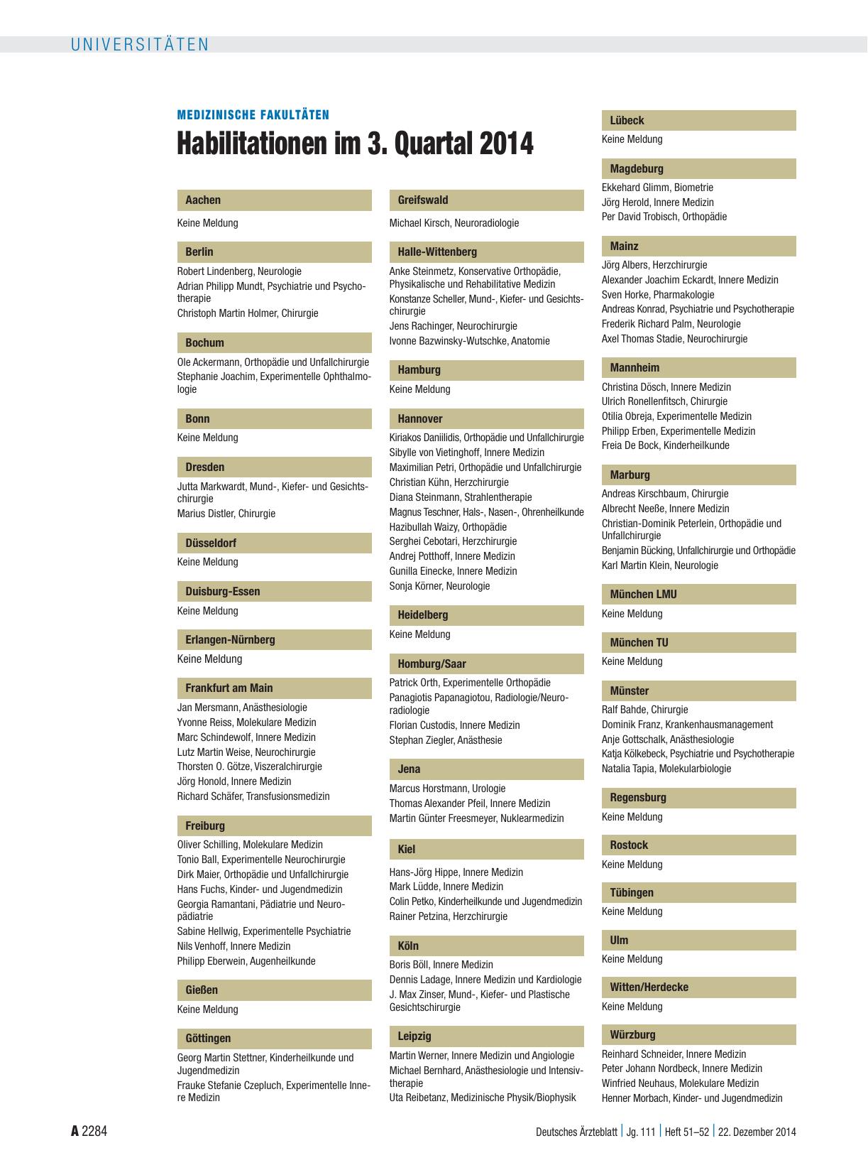 Vorschauseite 1: Medizinische Fakultäten: Habilitationen im 3. Quartal 2014