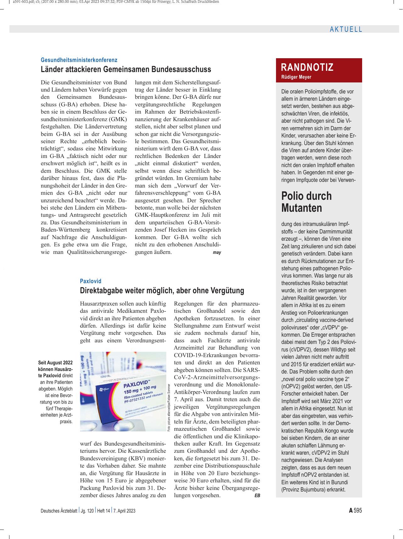 Vorschauseite 1: Paxlovid: Direktabgabe weiter möglich, aber ohne Vergütung.