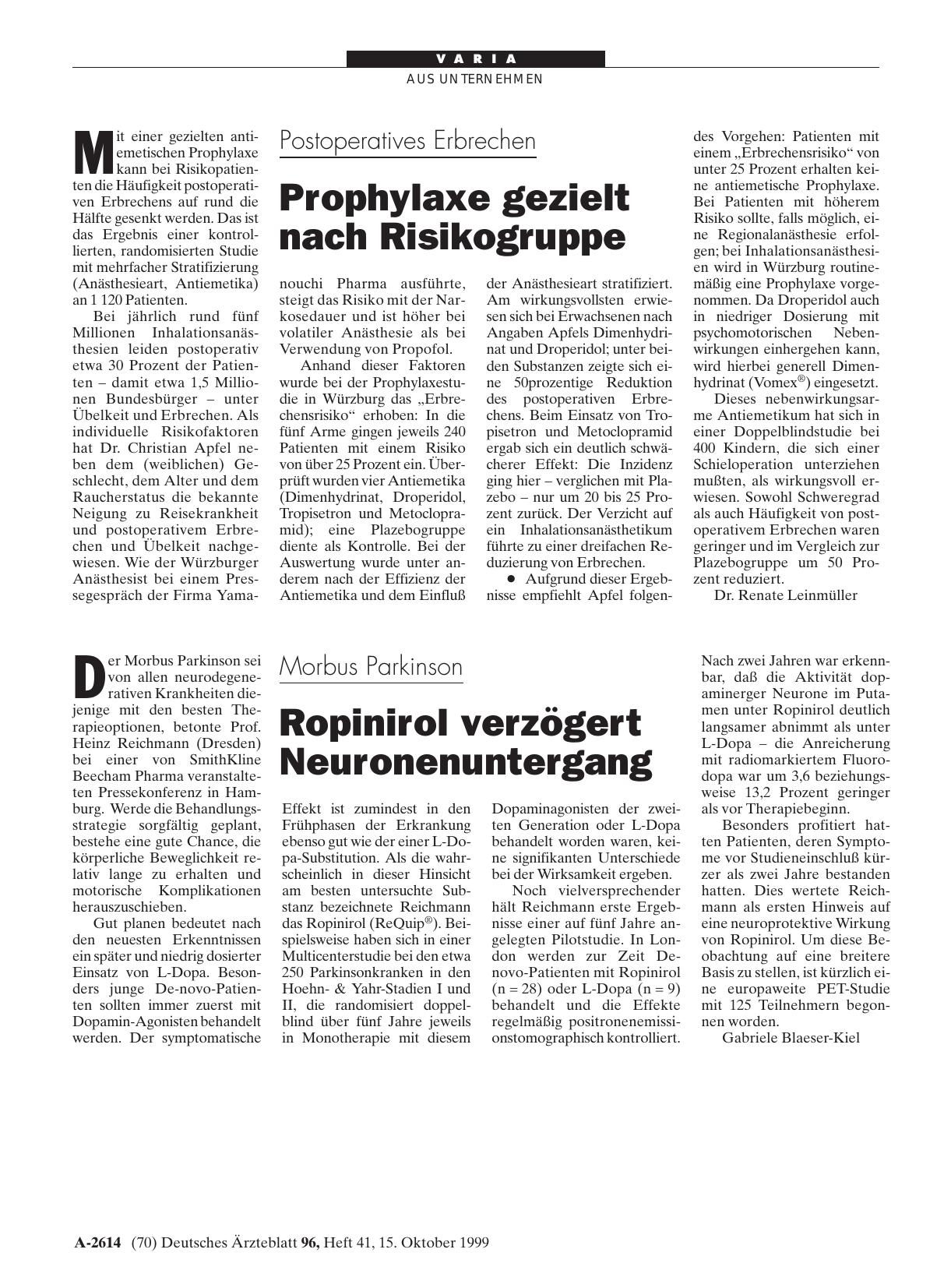 Vorschauseite 1: Postoperatives Erbrechen: Prophylaxe gezielt nach Risikogruppe
