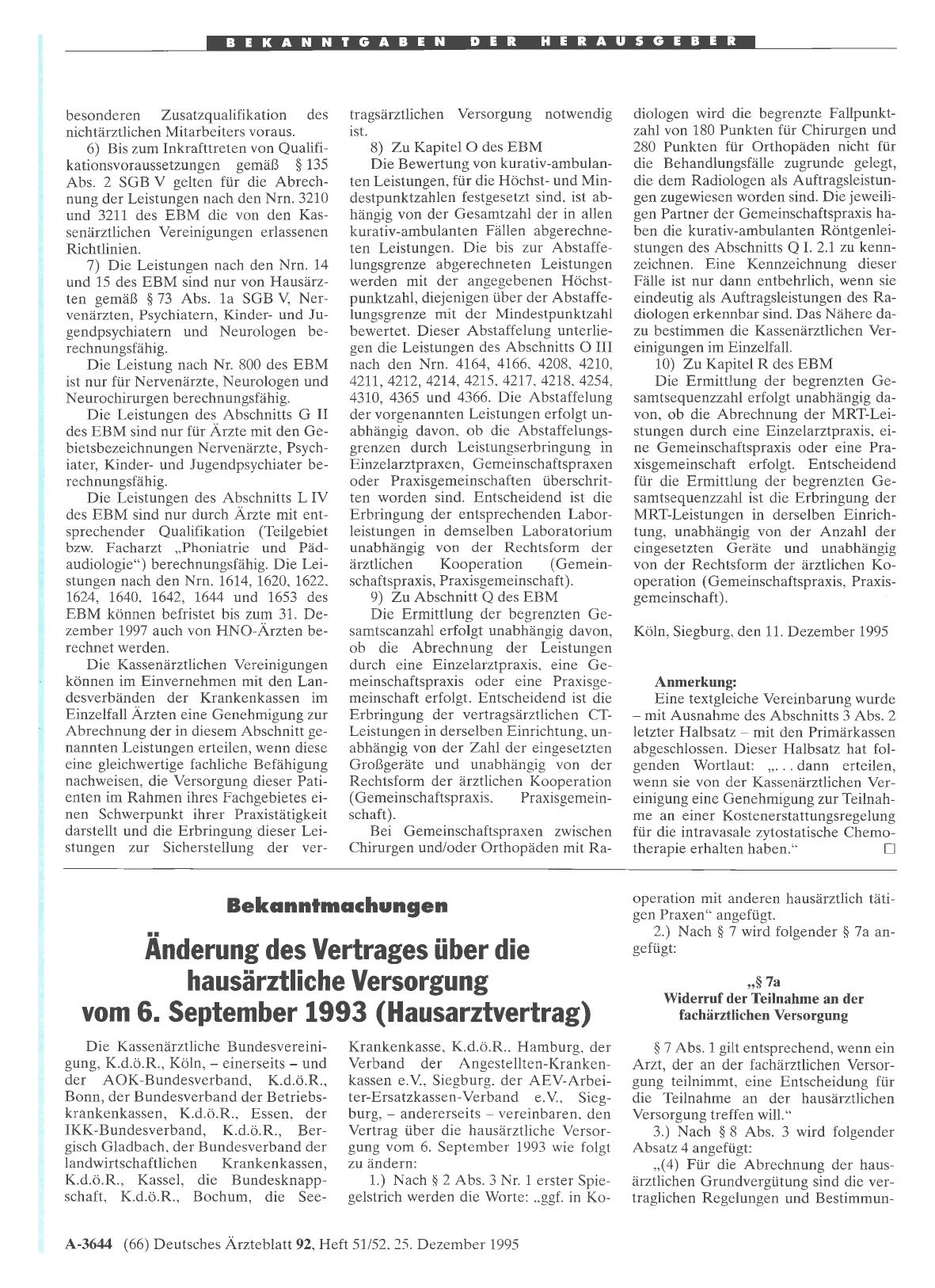 Vorschauseite 1: Änderung des Vertrages über die hausärztliche Versorgung vom 6. September 1993 (Hausarztvertrag)