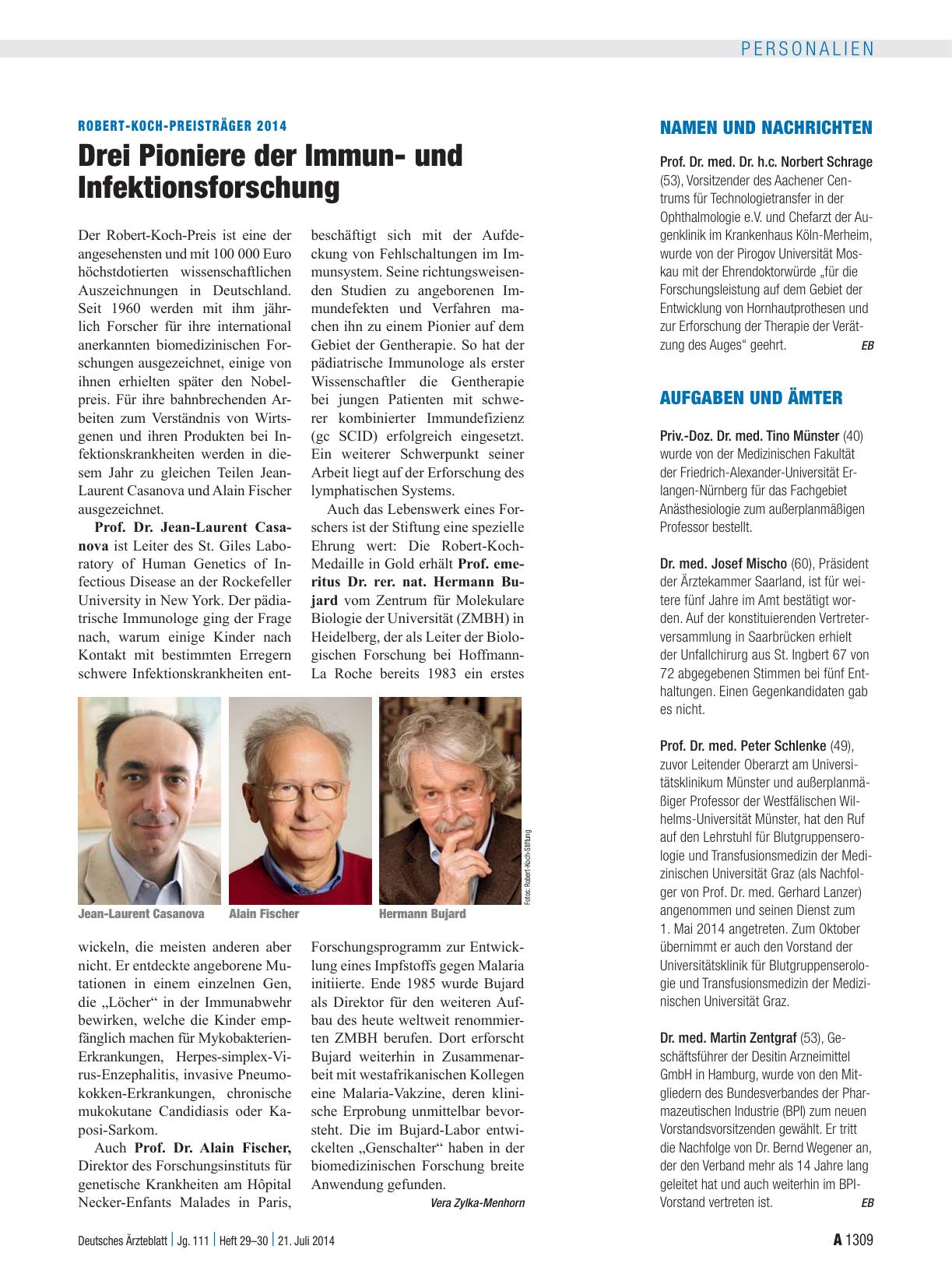 Vorschauseite 1: Robert-Koch-Preisträger 2014: Drei Pioniere der Immunund Infektionsforschung