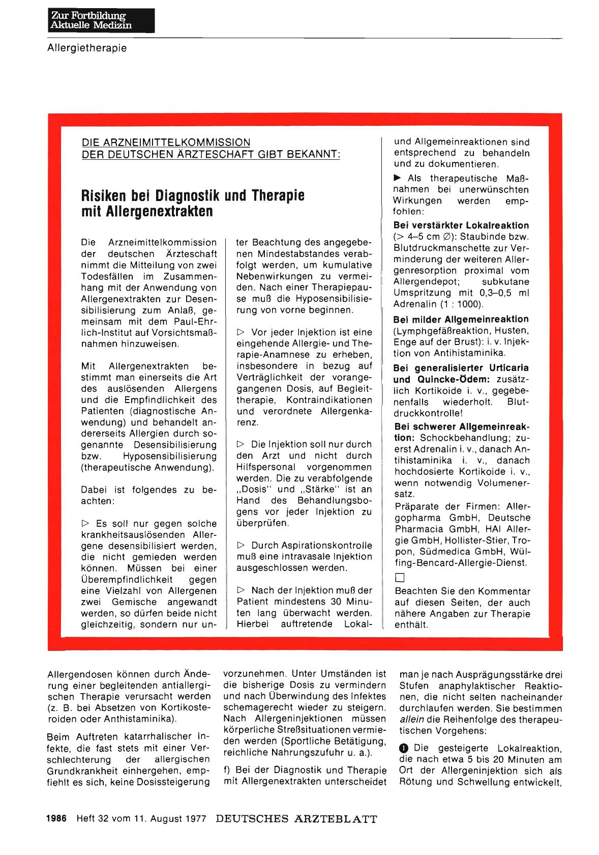Vorschauseite 1: DIE ARZNEIMITTELKOMMISSION DER DEUTSCHEN ÄRZTESCHAFT GIBT BEKANNT: Risiken bei Diagnostik und Therapie mit Allergenextrakten