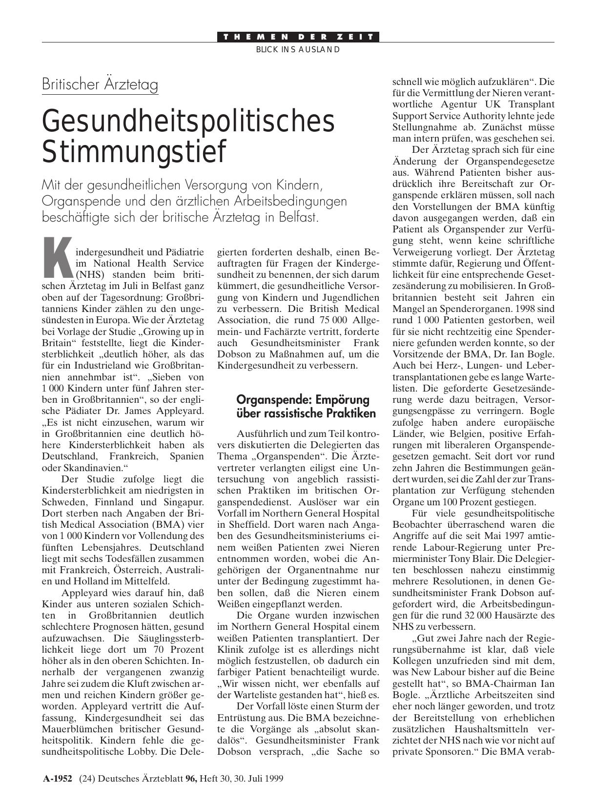 Vorschauseite 1: Britischer Ärztetag: Gesundheitspolitisches Stimmungstief