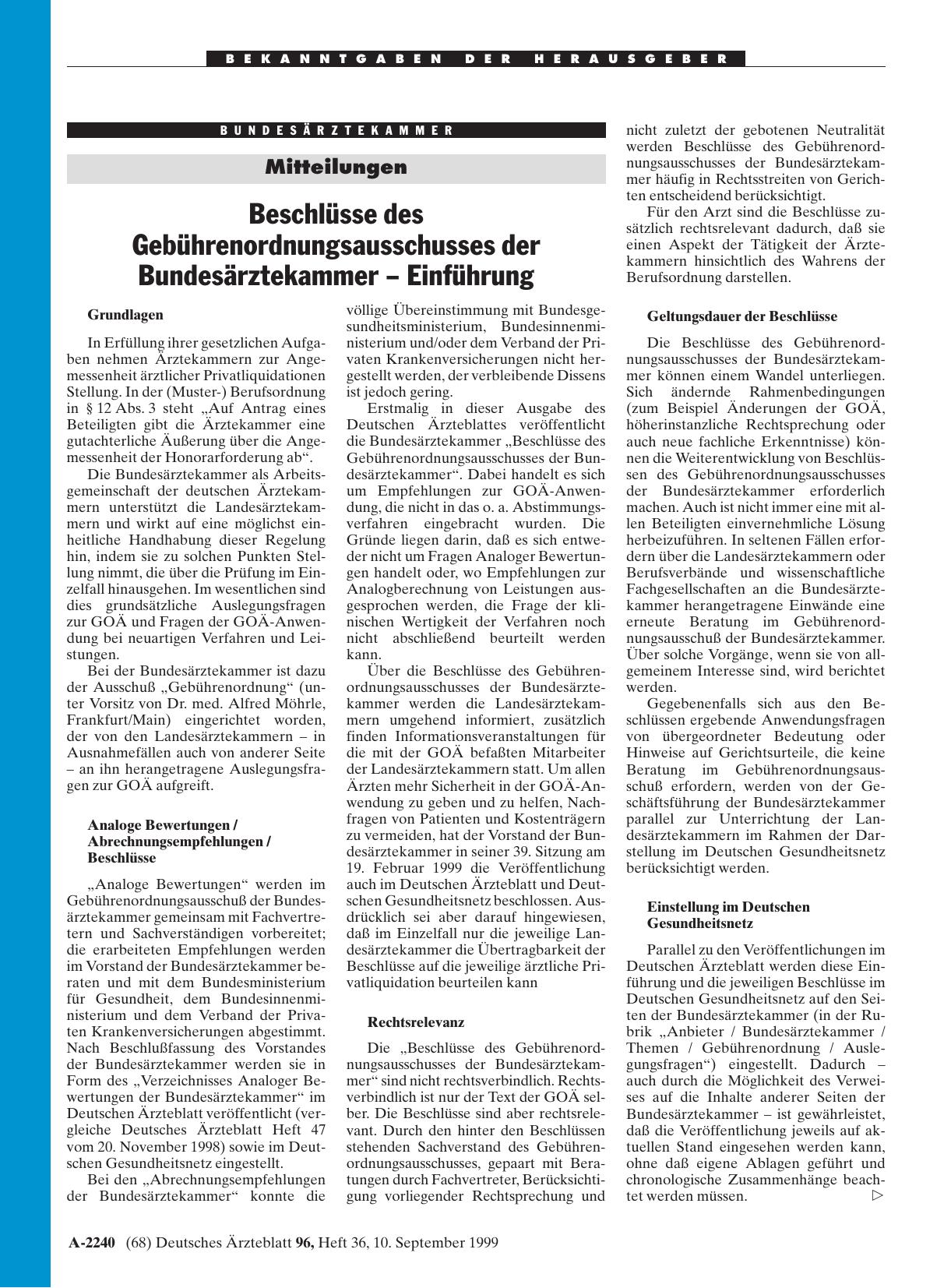 Vorschauseite 1: Beschlüsse des Gebührenordnungsausschusses der Bundesärztekammer - Einführung